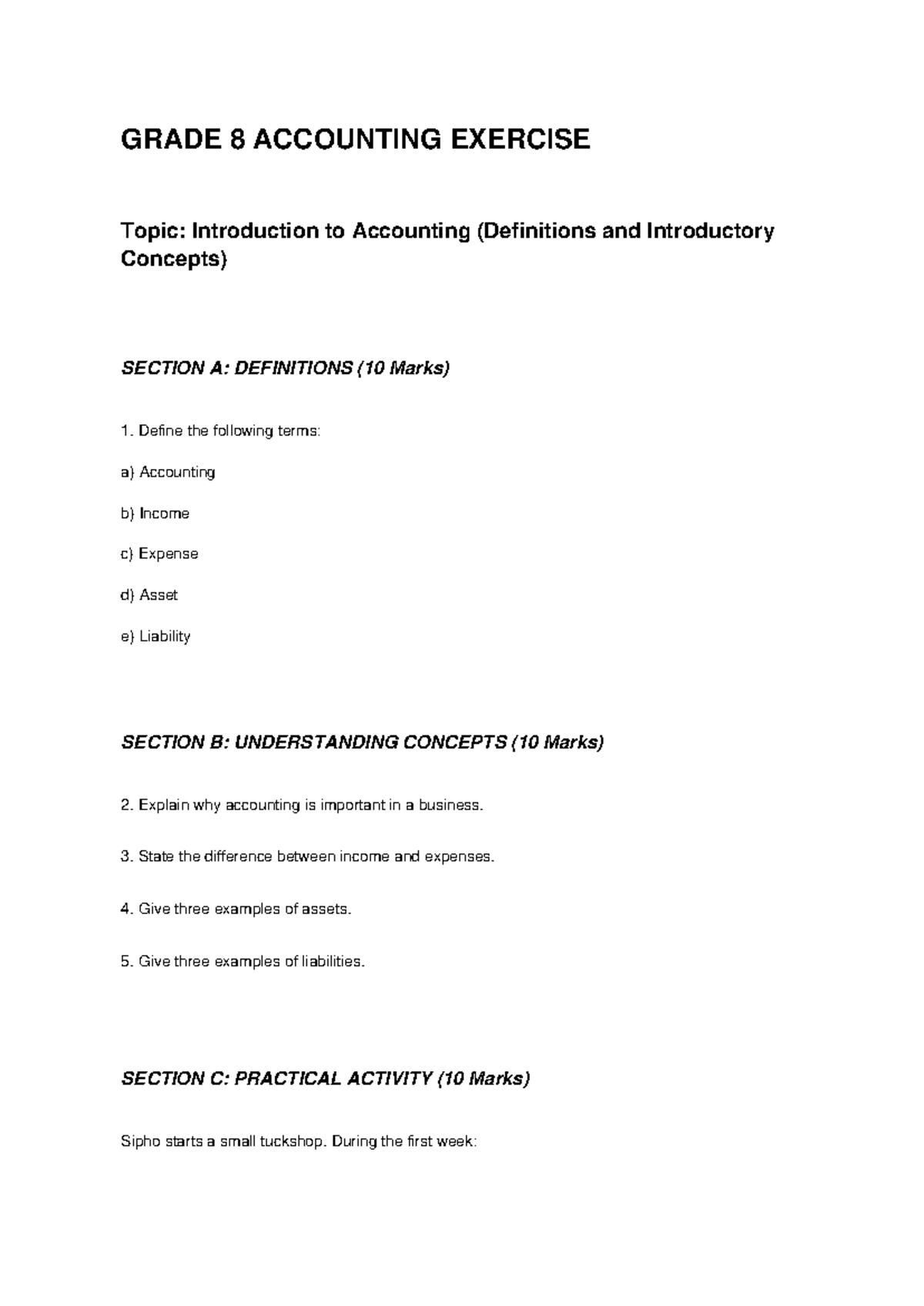 GRADE 8 ACCOUNTING EXERCISE: Intro to Accounting Concepts - Studocu