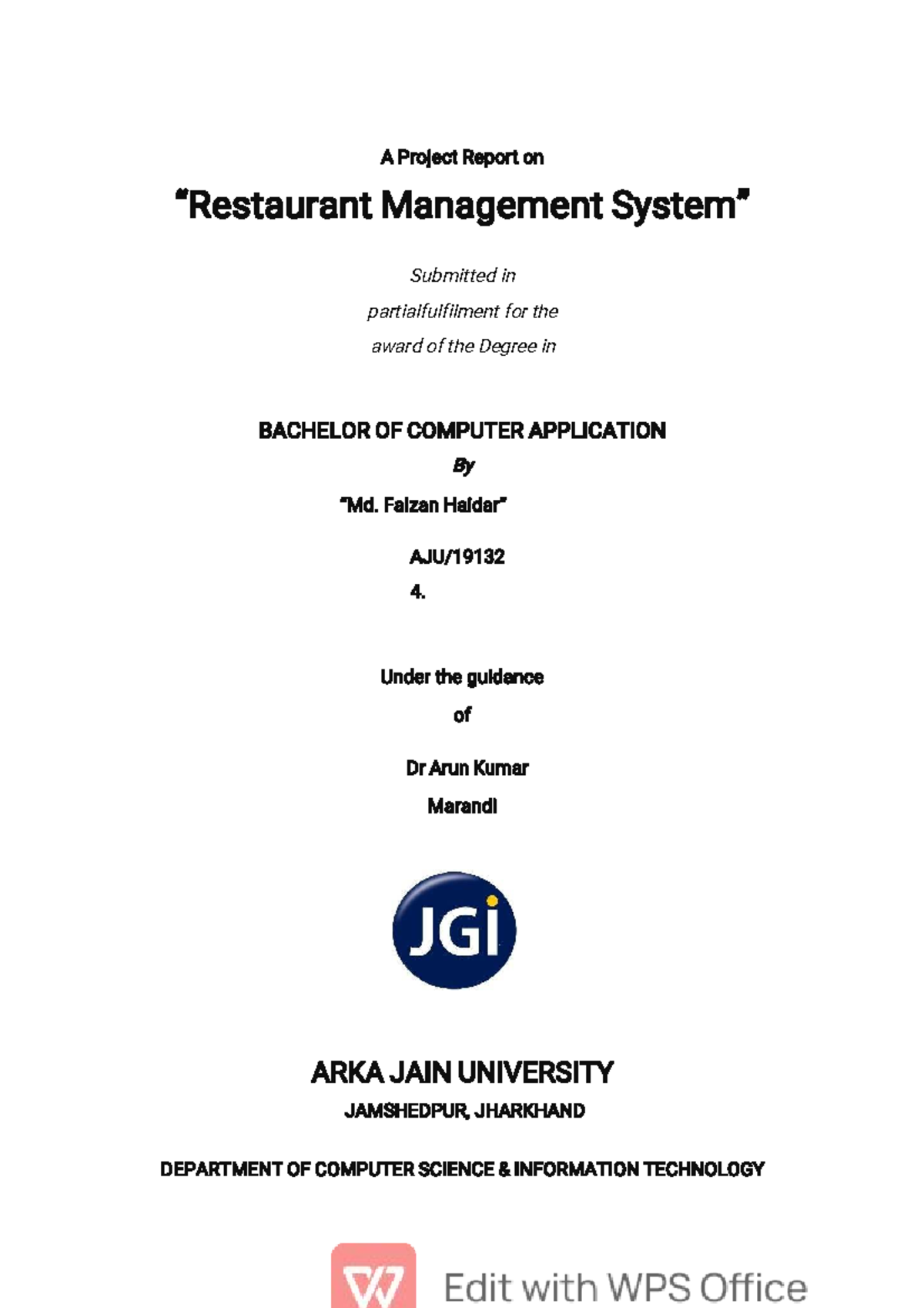 Restaurant management system project report for BCA at Arka Jain ...