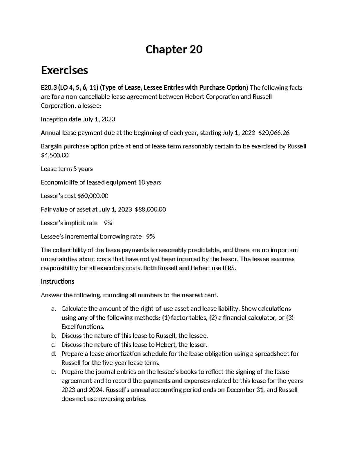 Home Work Questions - Chapter 20 Lease Accounting Exercises - Studocu