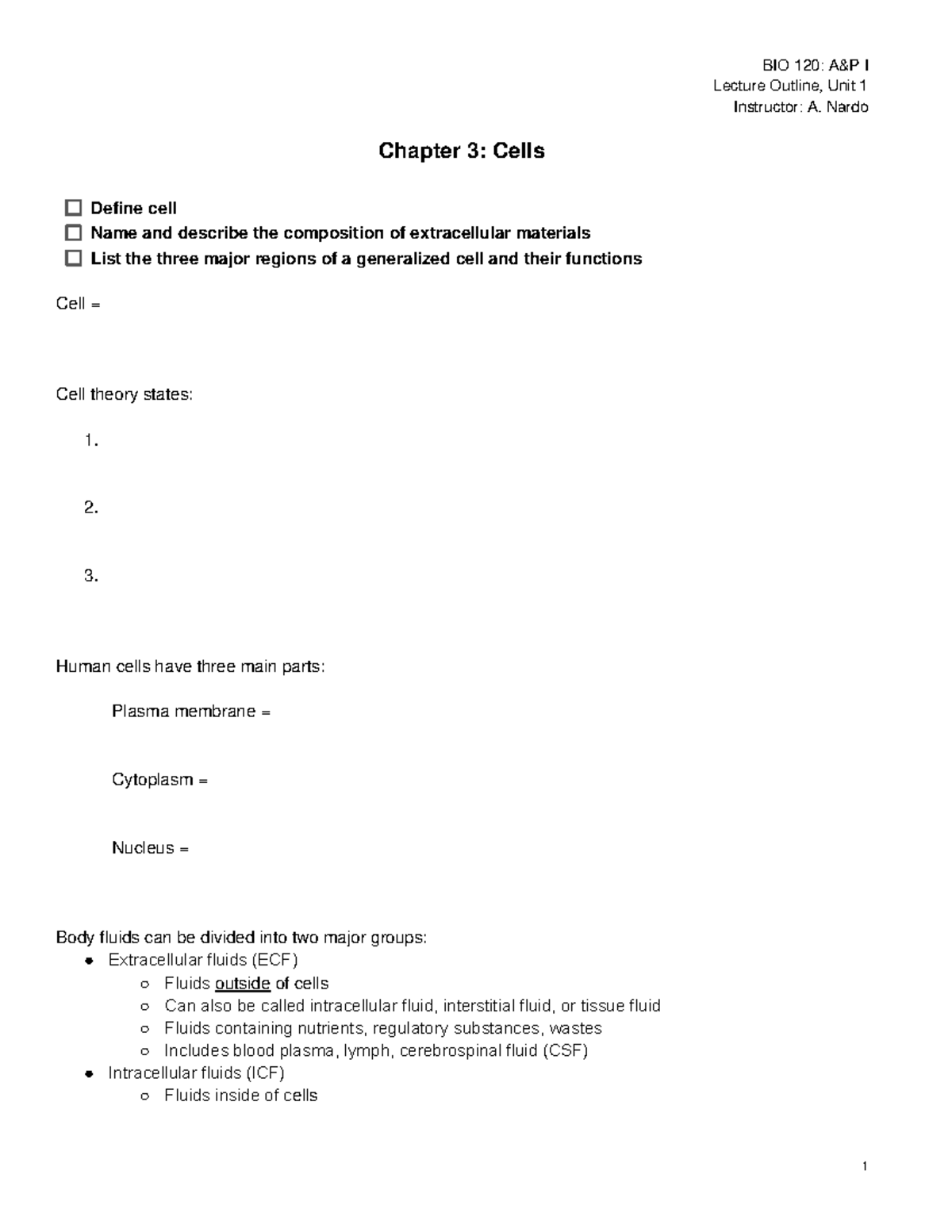 BIO 120, Unit 1, Chapter 3: Cell Structure & Function Lecture Notes ...
