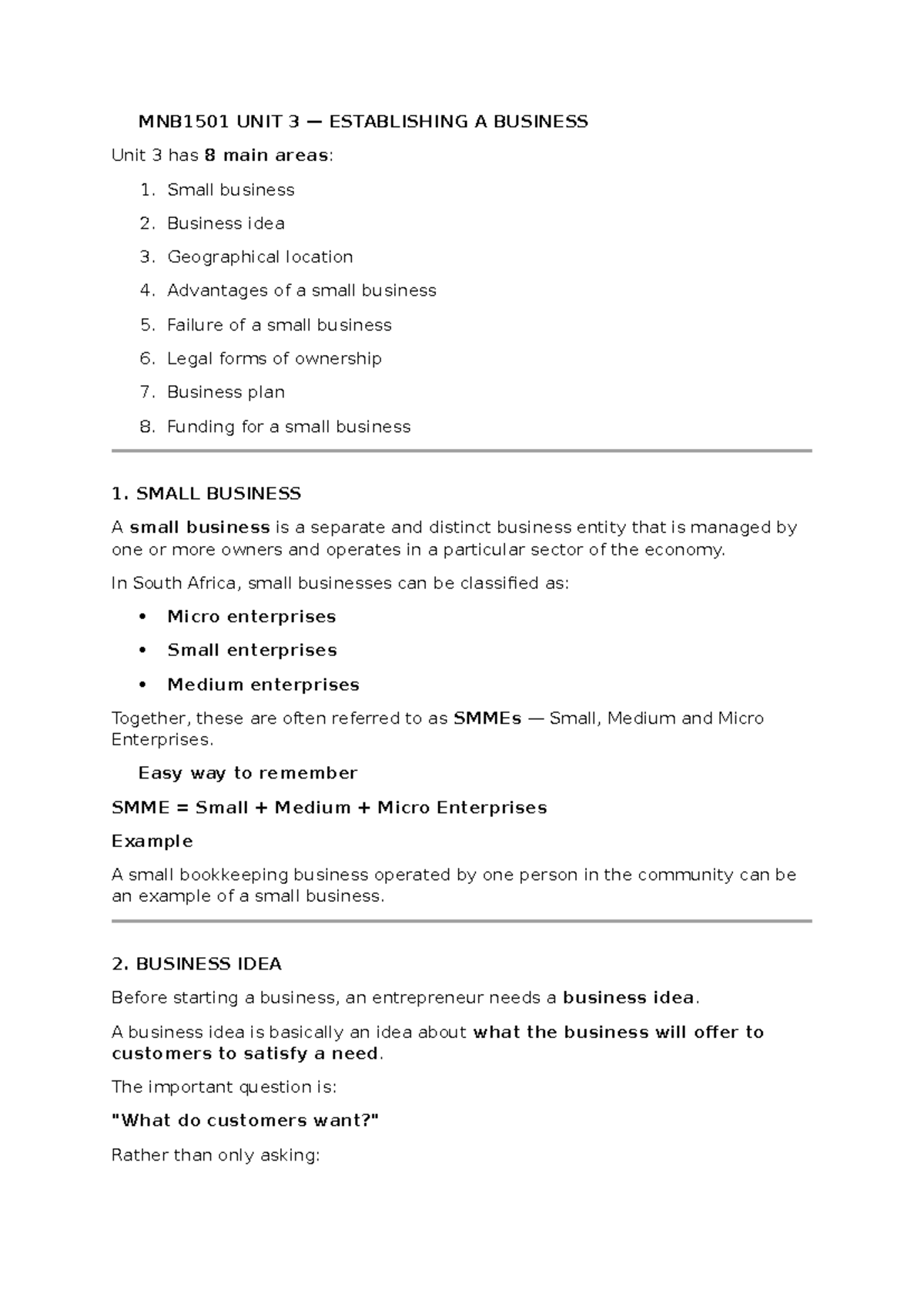 MNB1501 Unit 3 Notes: Establishing a Business Overview - Studocu