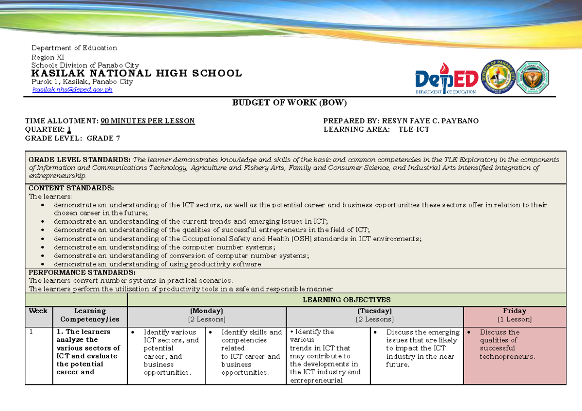 BOW for TLE Exploratory: Grade 7-10 ICT & Entrepreneurship Standards ...