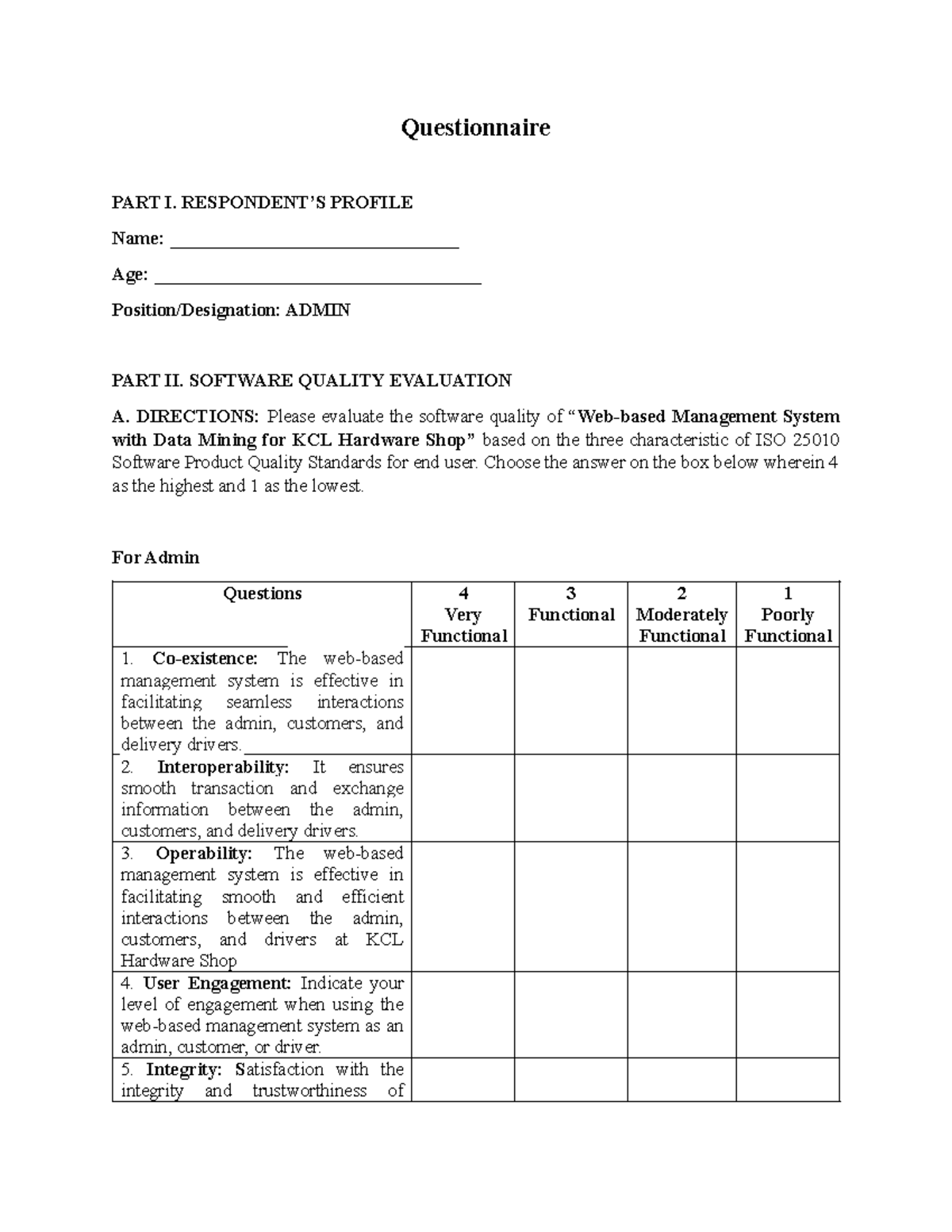 Capstone-Software Quality Evaluation Questionnaire for KCL Hardware ...