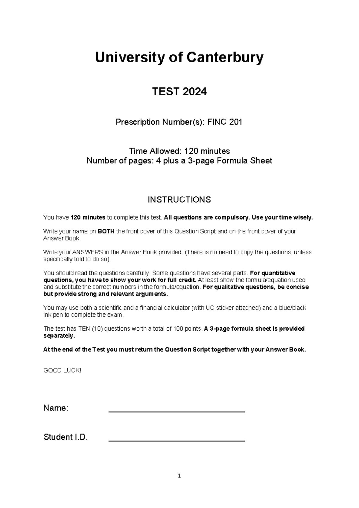 FINC 201 Test Questions 2024-S1: Complete Exam Guide - Studocu