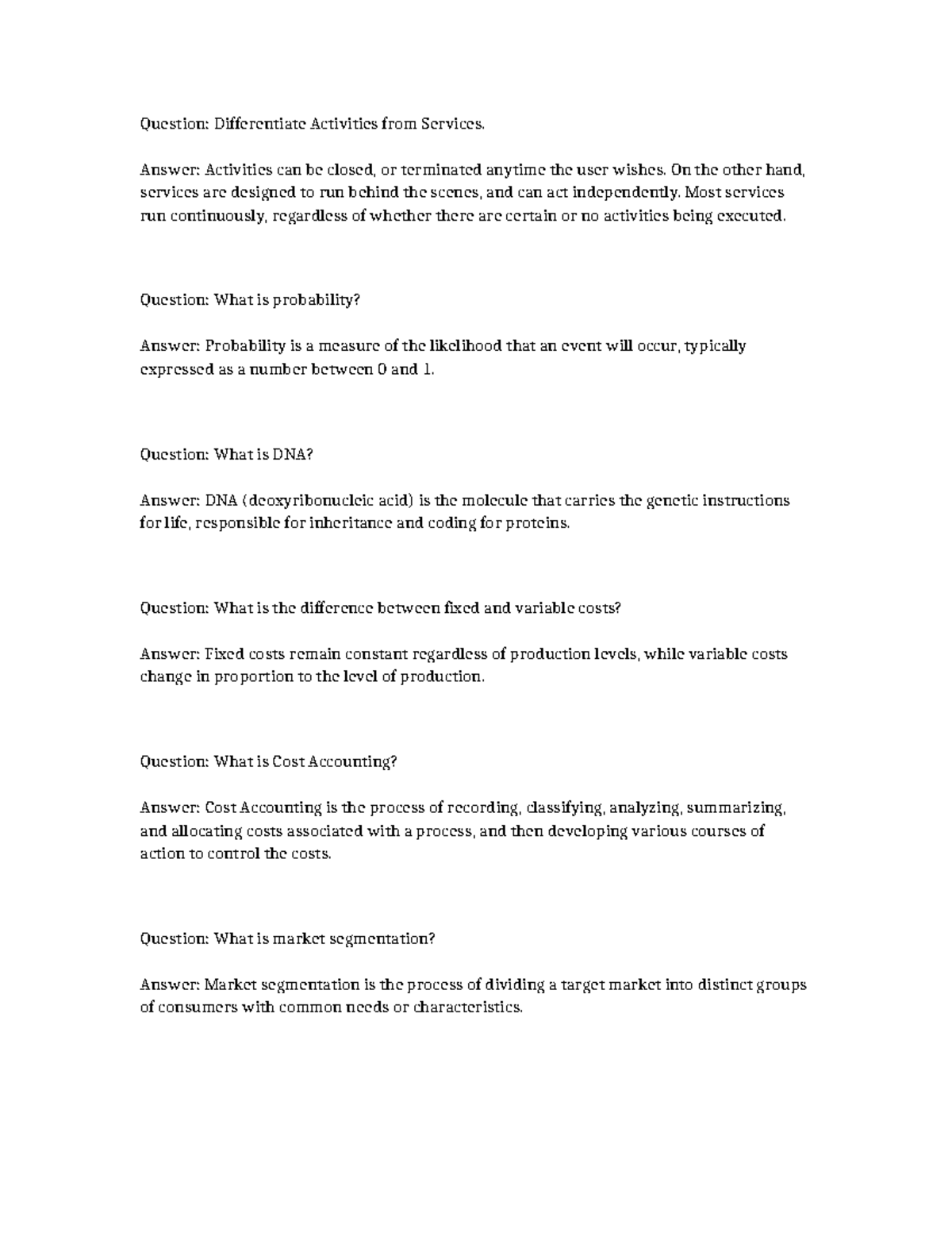 Final Exam Study Notes: Activities, Services, and Key Concepts - Studocu