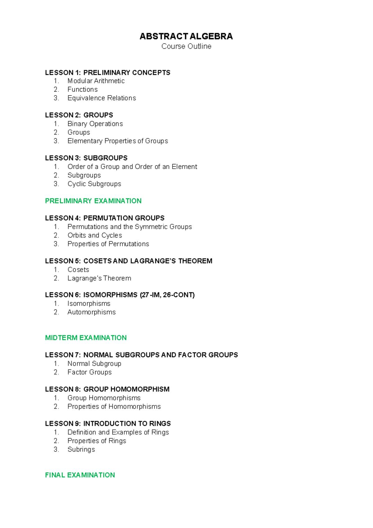 ABSTRACT ALGEBRA - Course Outline & Lecture Notes - Studocu