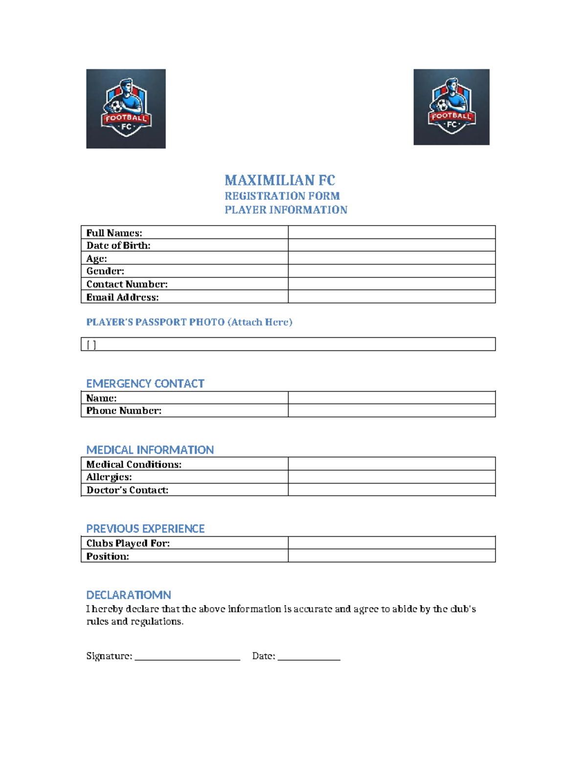 Final Maximilian FC Registration Form with Official Logo - MAXIMILIAN ...