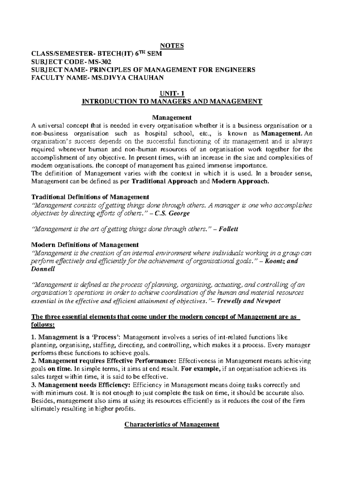 UNIT-1 PME Notes for BTech(IT) 6th Sem: Principles of Management - Studocu