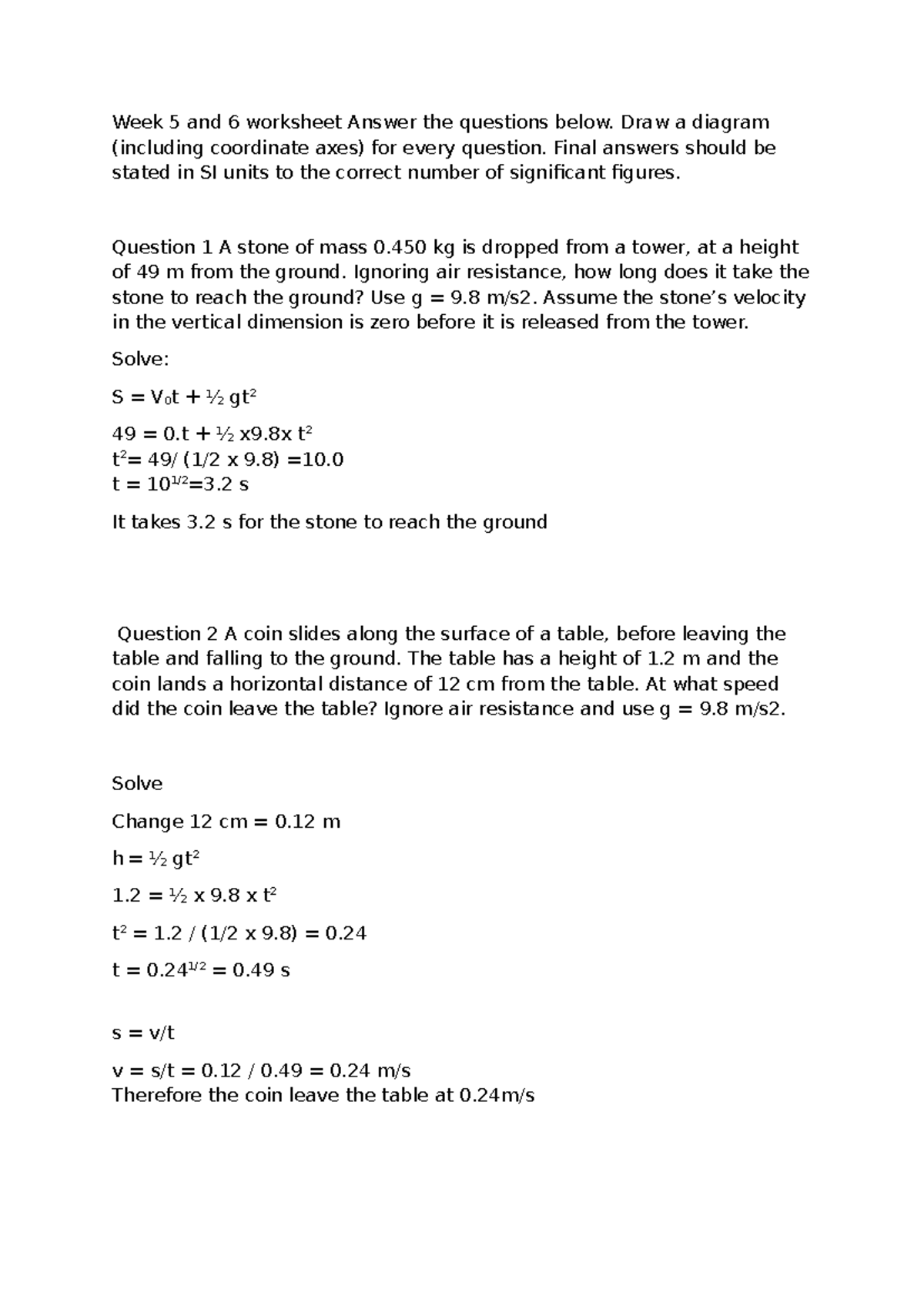 Week 5 & 6 Physics Worksheet: Motion and Free Fall Calculations - Studocu