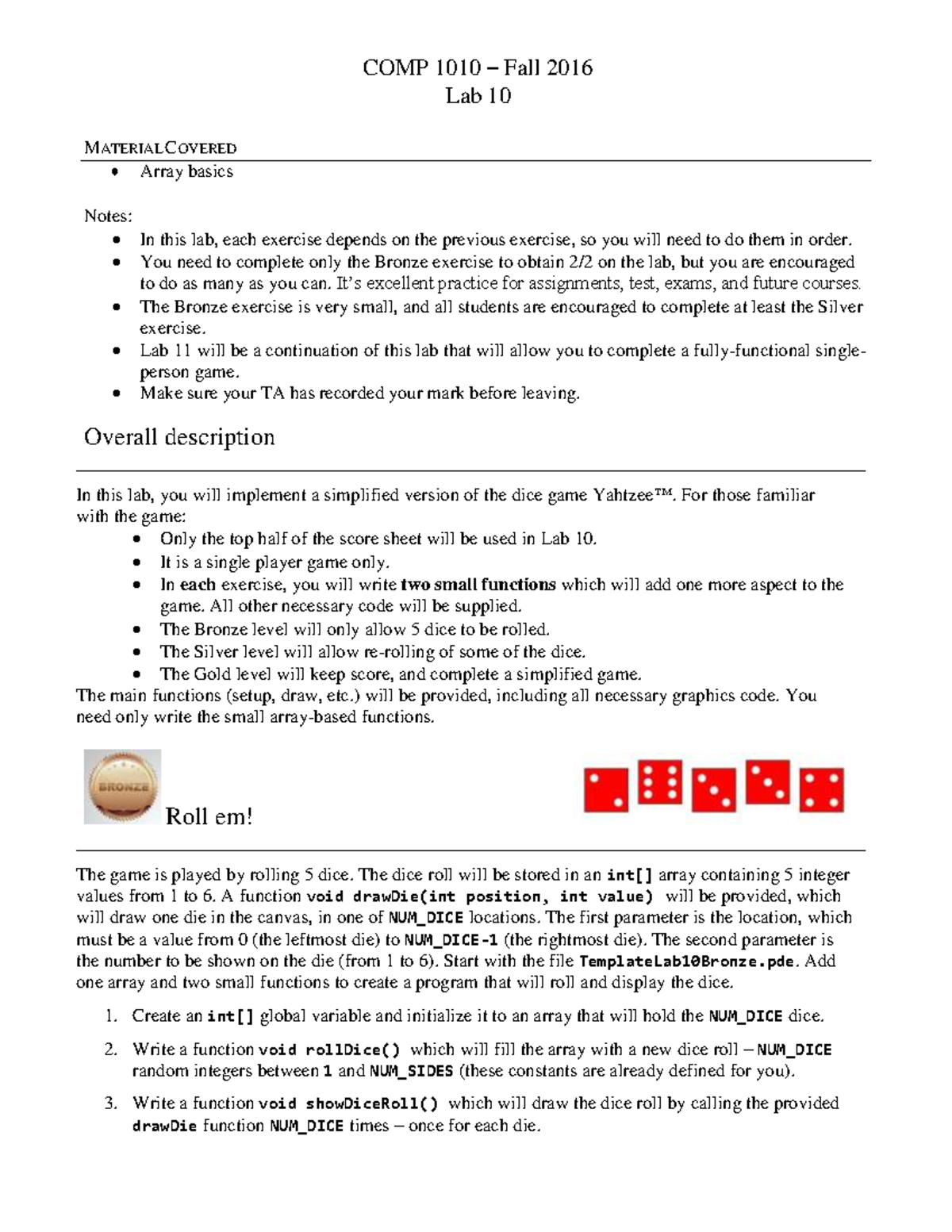 COMP 1010 - Lab 10: Yahtzee Game Implementation and Exercises - Studocu