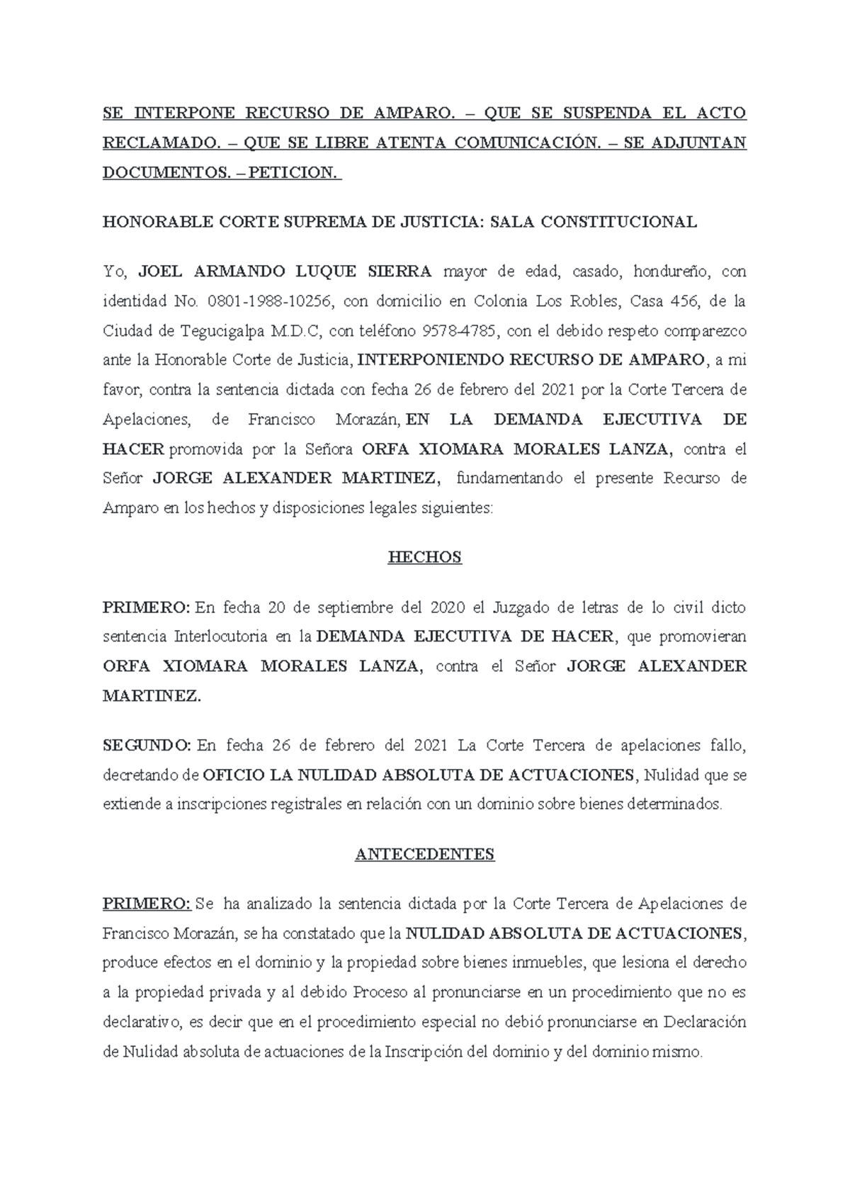 Recurso de Amparo en la Corte Tercera de Apelaciones - Honduras - Studocu