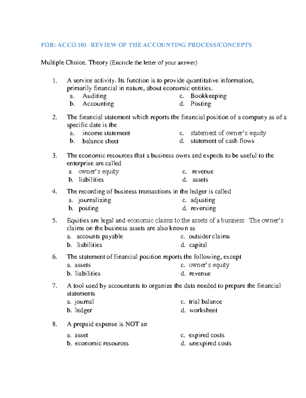 Assessment Activities for ACCO 101 - FOR: ACCO 101- REVIEW OF THE ...