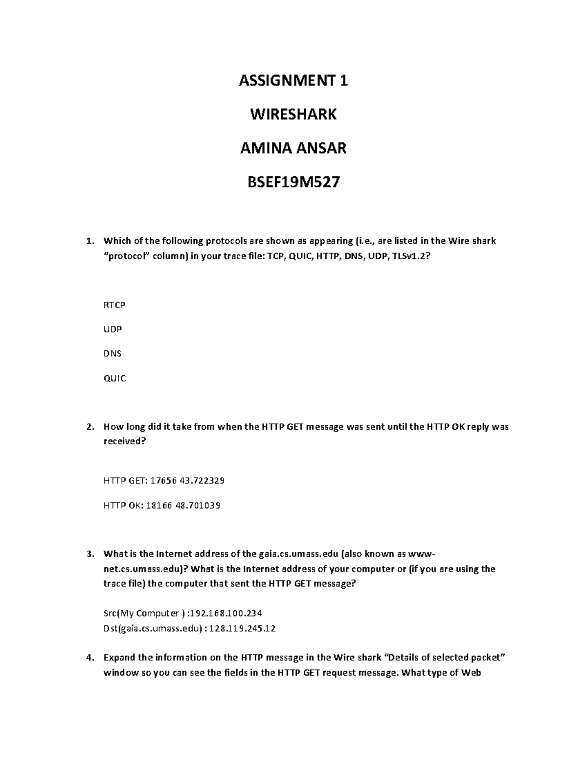 Wireshark Assignment BSEF19M: Protocol Analysis and HTTP Traffic - Studocu