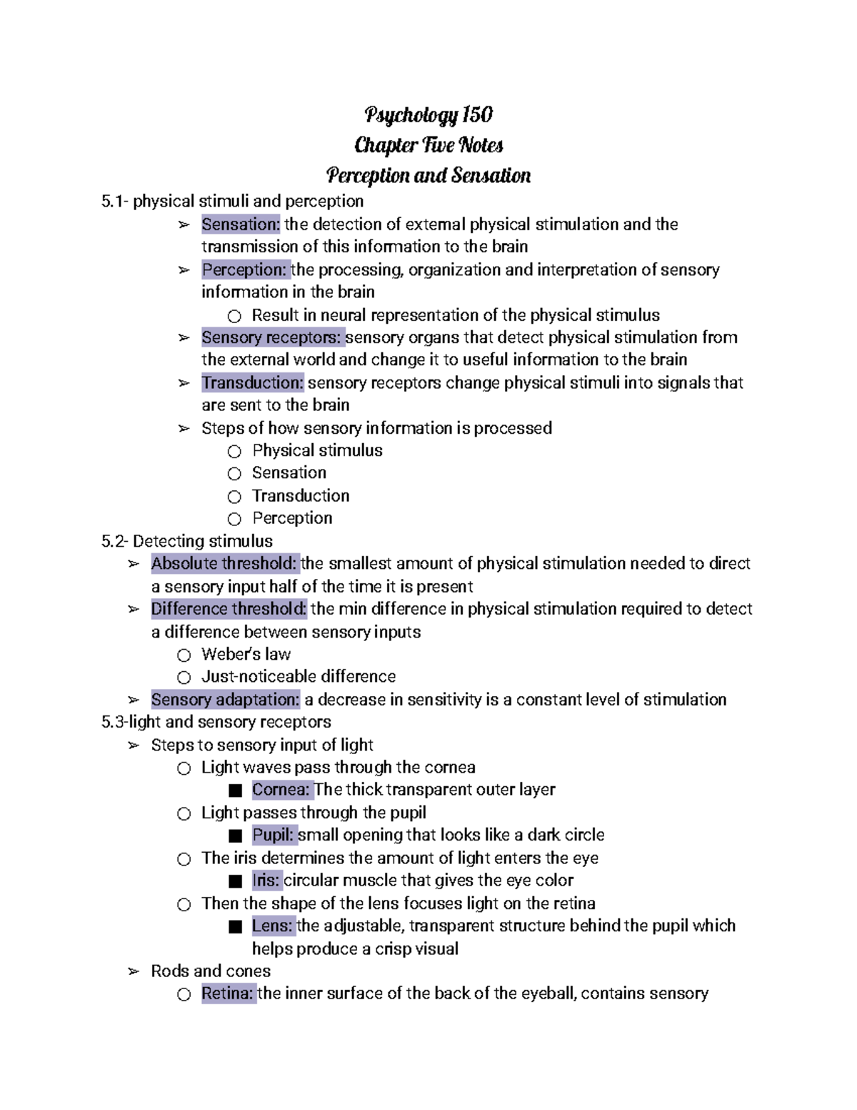 Psychology 150 - Chapter 5 Notes: Perception and Sensation Insights ...