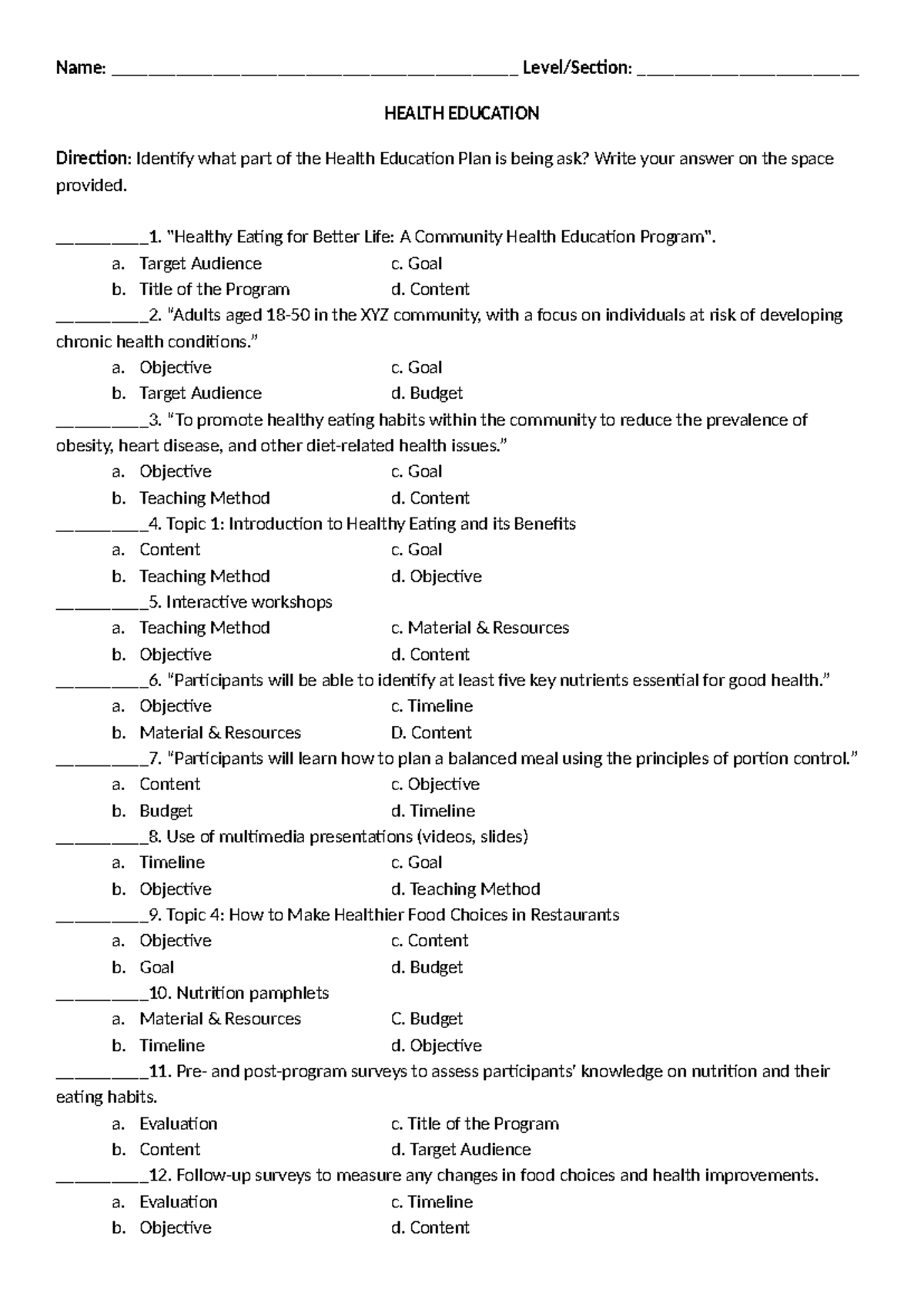 Quiz1 midterm - Health Education - Name ...