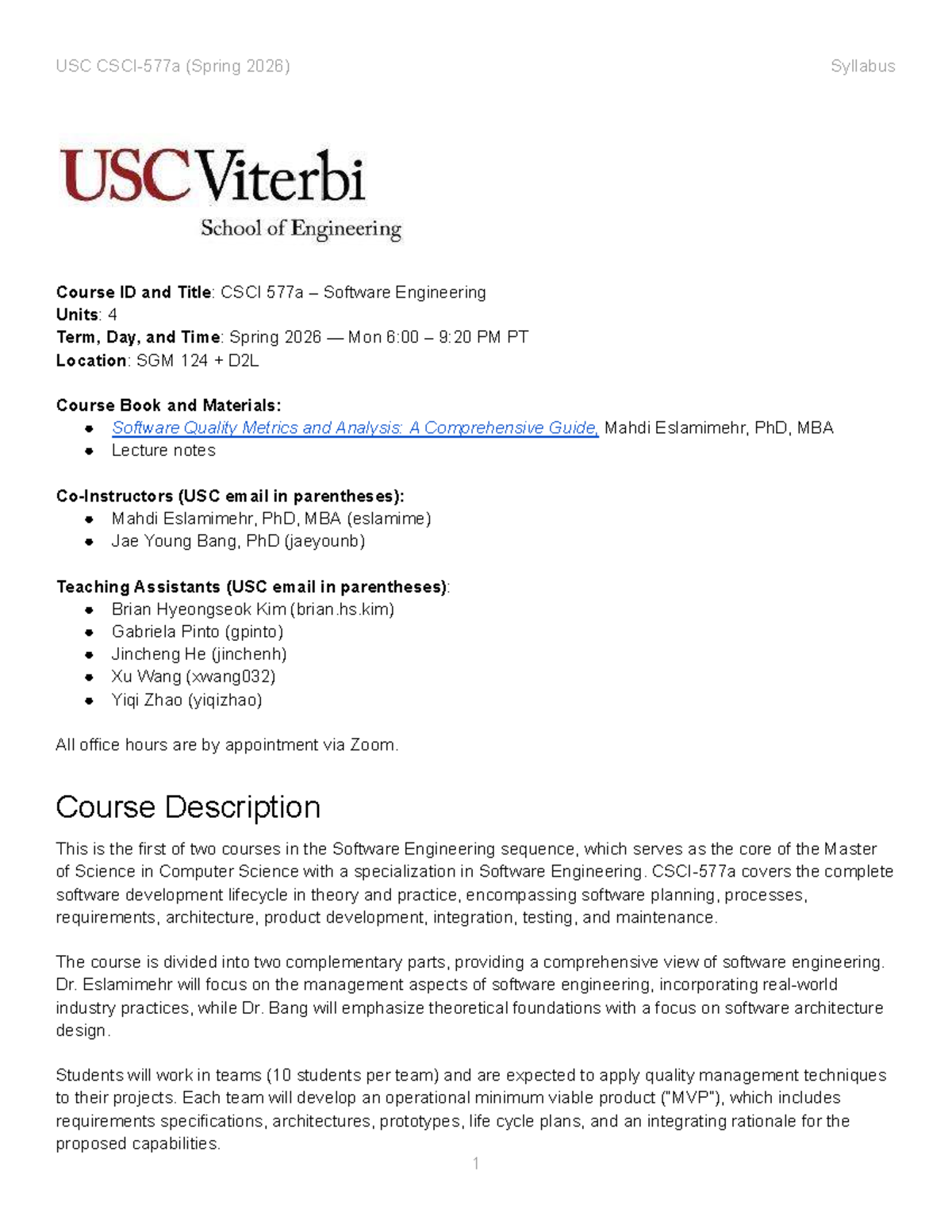 CSCI 577a Spring 2026 Software Engineering Syllabus and Course Details ...