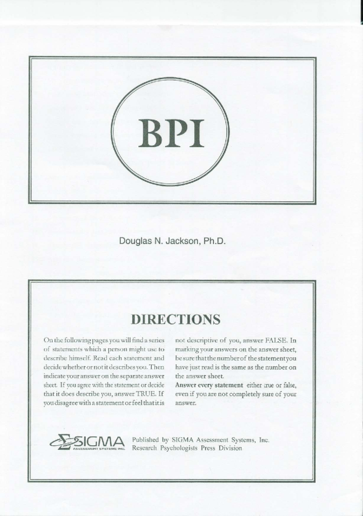 Basic Personality Inventory (BPI) Exam Directions and Statements - Studocu