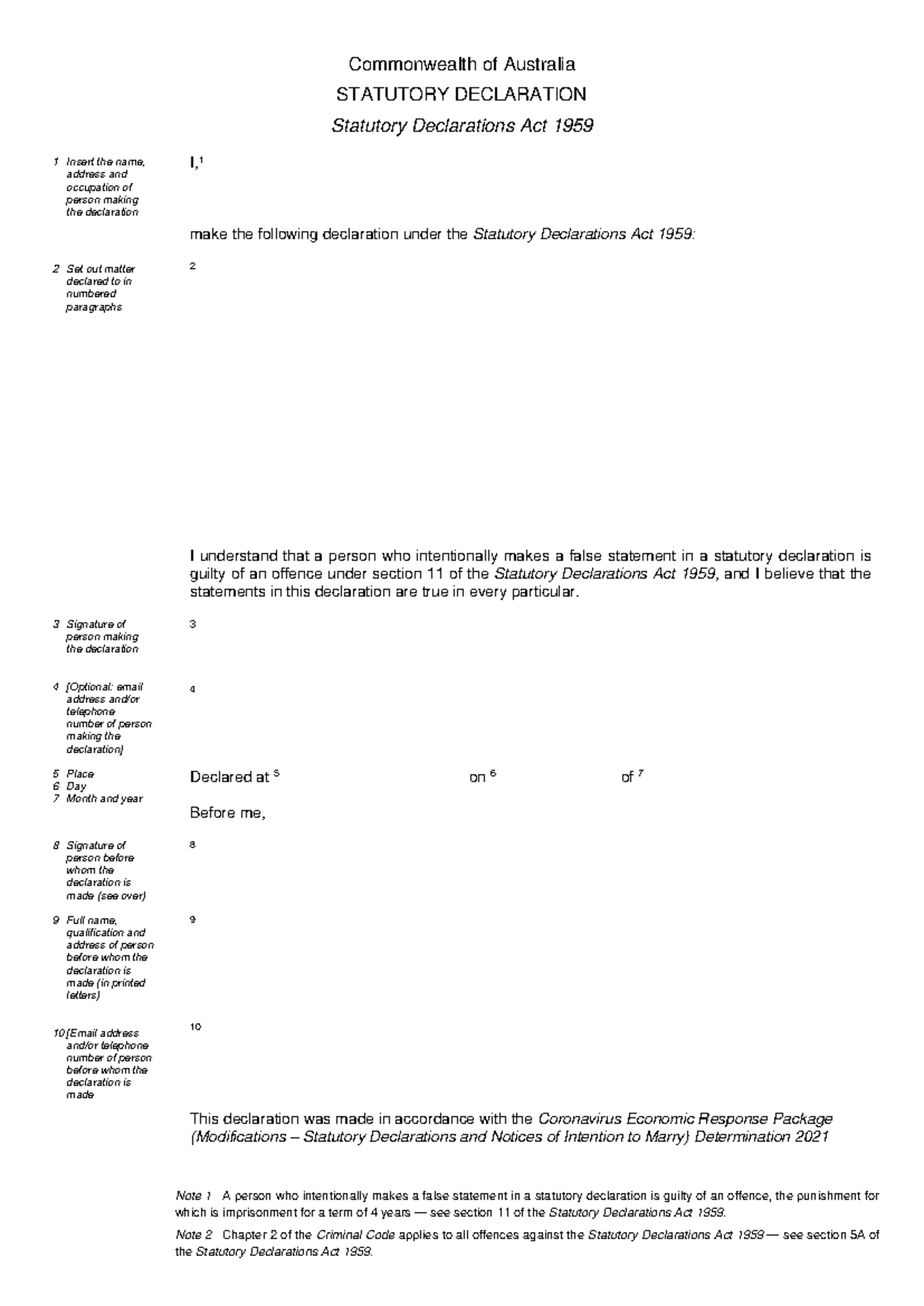 Statutory Declaration Form - Commonwealth of Australia 2021 - Studocu
