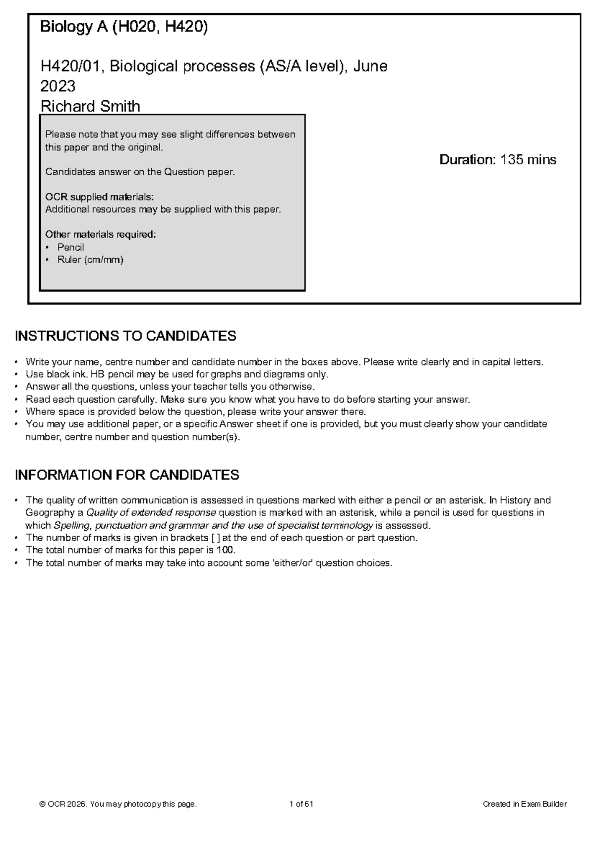 H42001 Biological Processes Final Exam June 2023 - Studocu