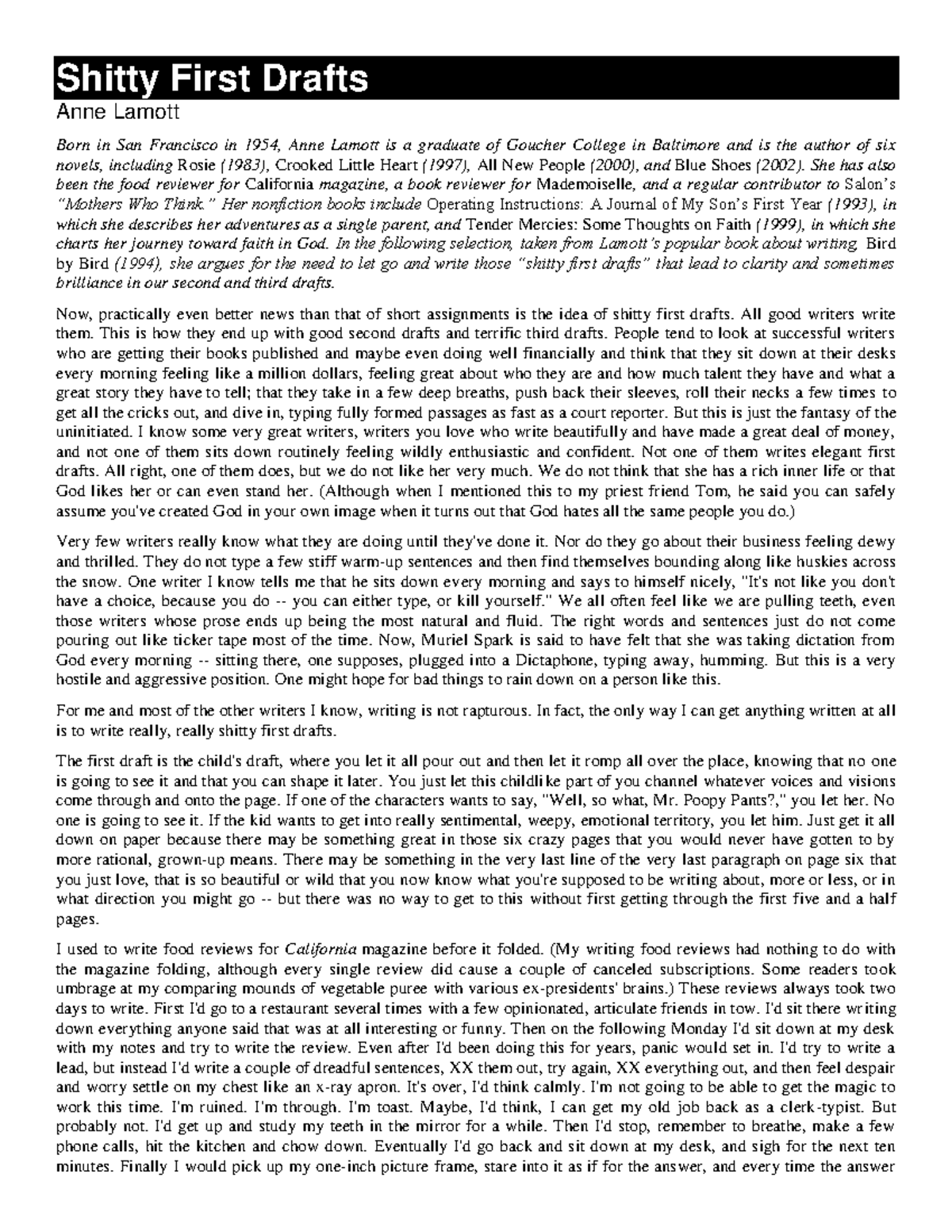 Lamott Anne Shitty First Drafts Shitty First Drafts Anne Lamott
