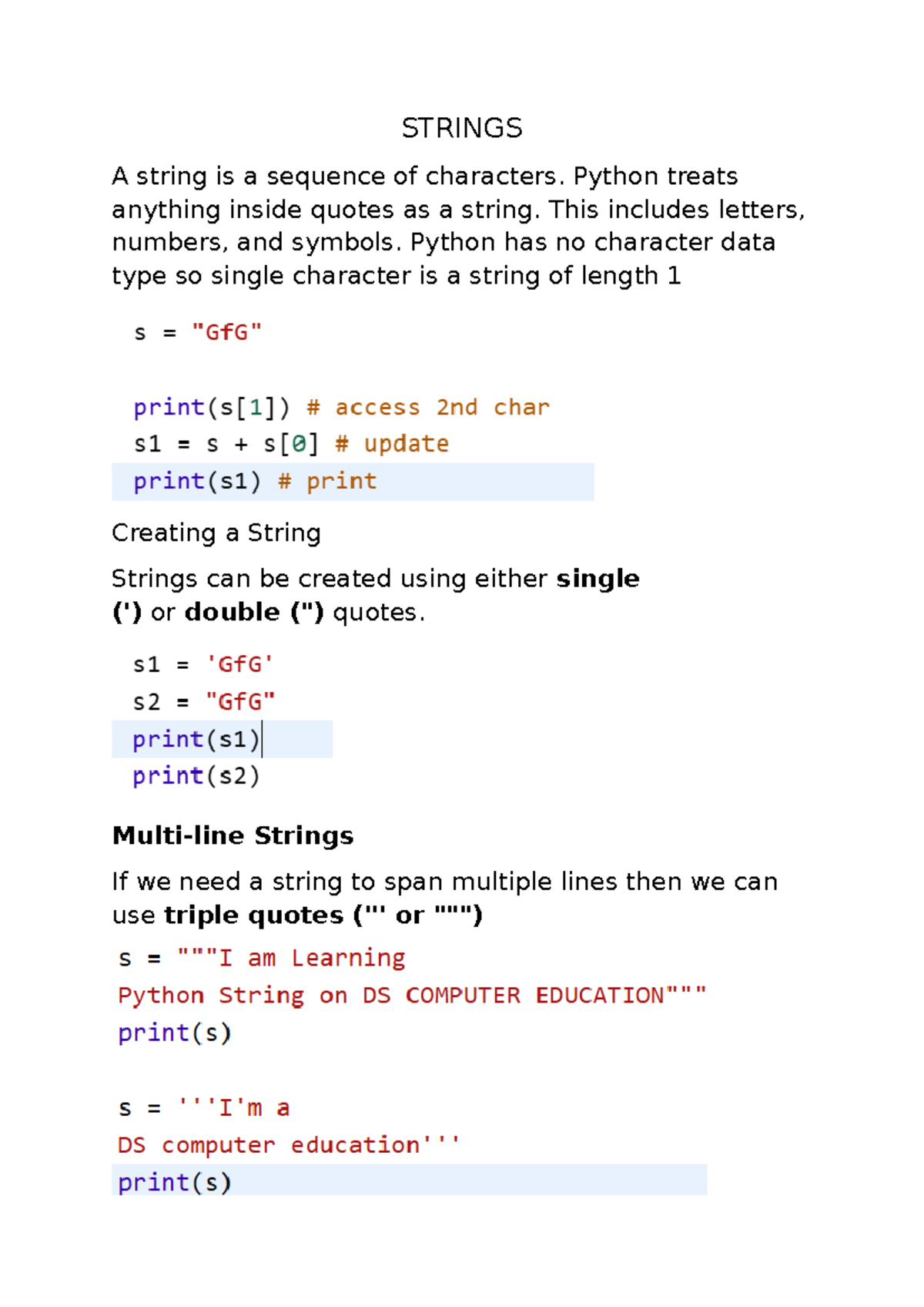 DSCOMPUTER: Strings and Lists in Python - Overview and Methods - Studocu