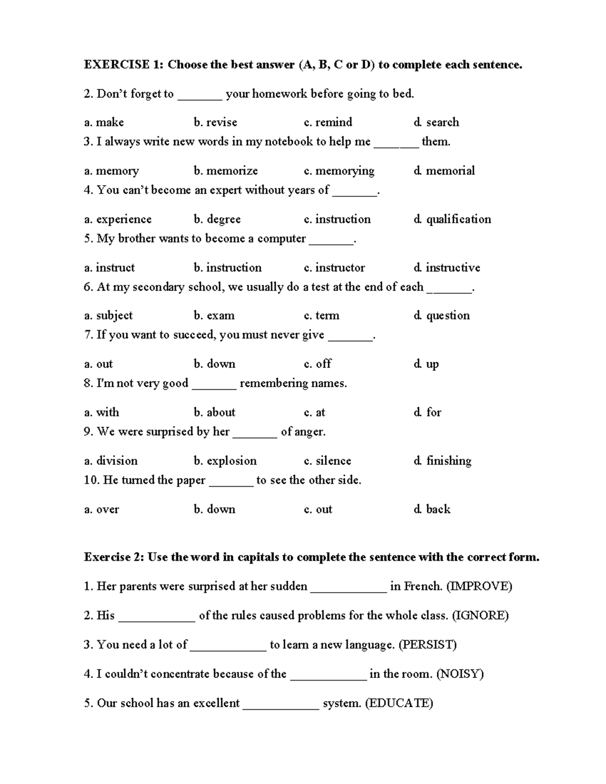 VSTEP Worksheet Questions: Exercise & Comprehension Practice - Studocu