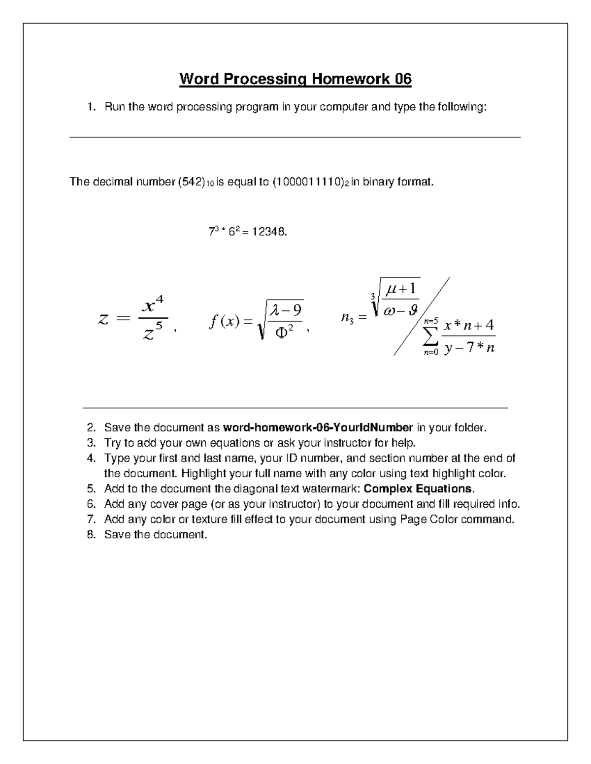 Word Processing Homework 06: Formatting & Equation Practice - Studocu