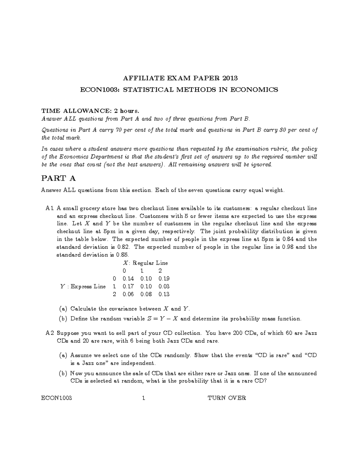 ECON1003 Final Exam Paper 2013: Statistical Methods in Economics - Studocu