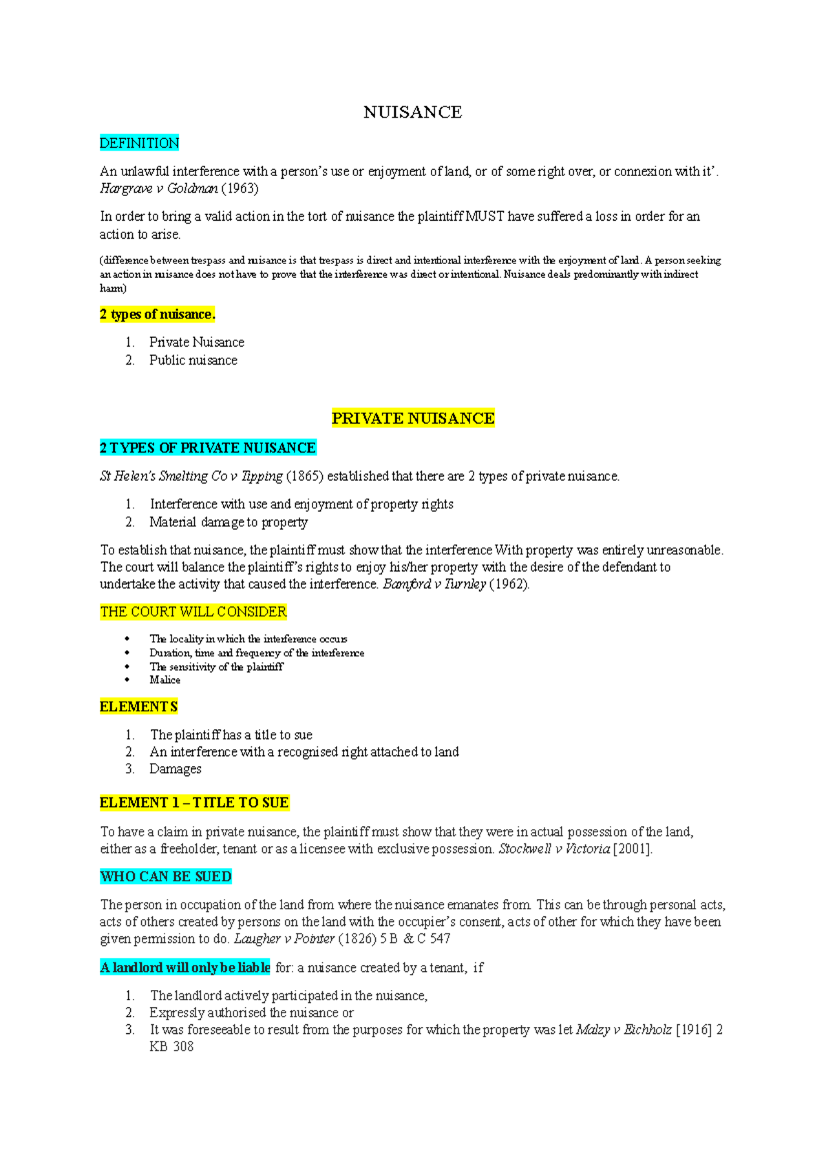 Nuisance Law Notes: Definition, Types, & Key Cases Overview - Studocu