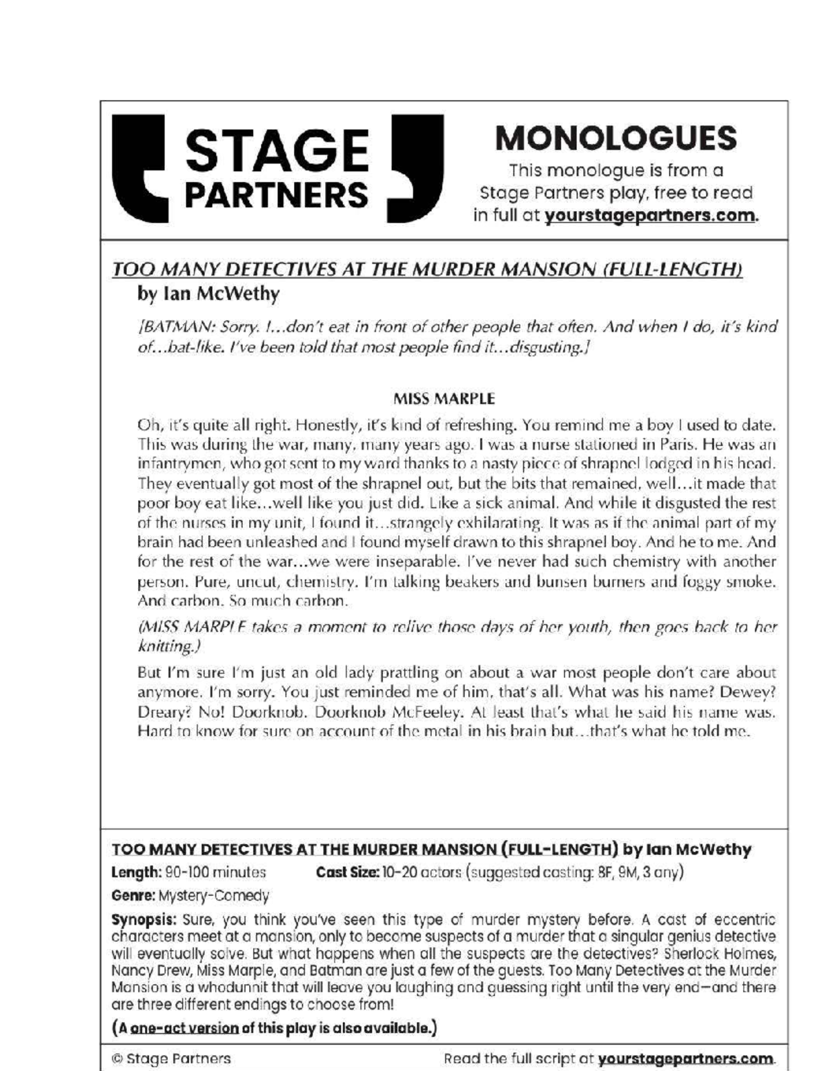 STAGE У MONOLOGUES: Too Many Detectives at the Murder Mansion - Studocu