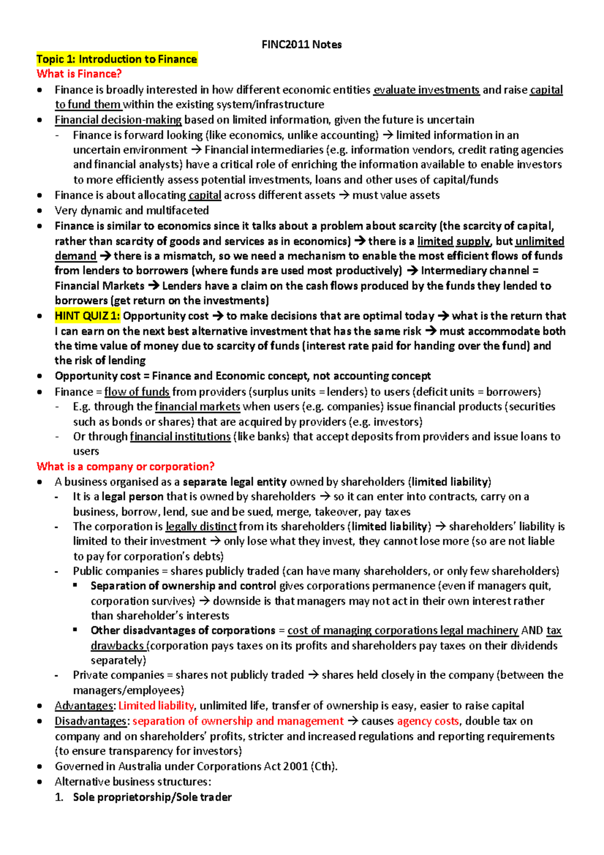 Finc notes - finc - FINC2011 Notes Topic 1: Introduction to Finance ...