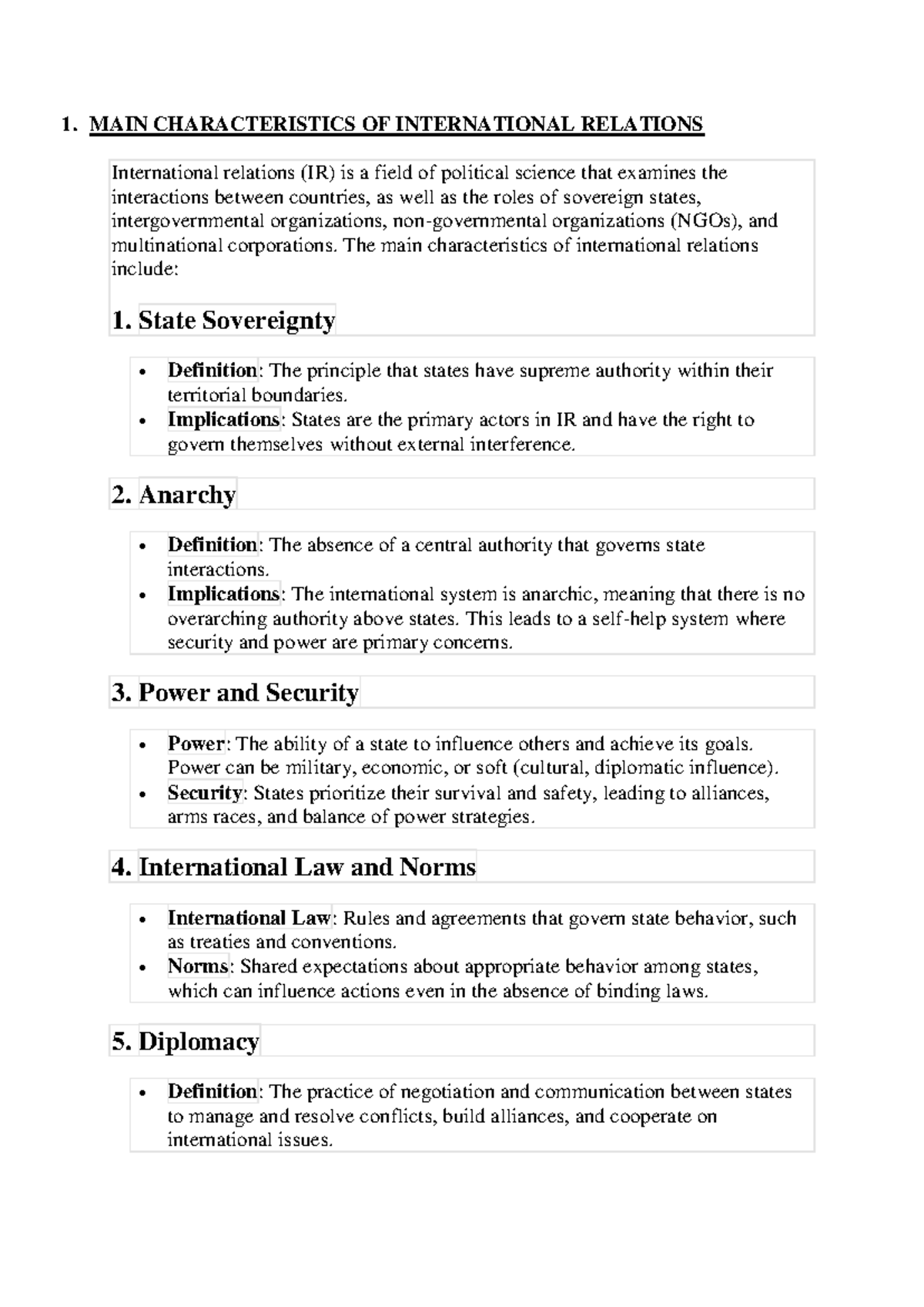 Political science solved - 1. MAIN CHARACTERISTICS OF INTERNATIONAL ...