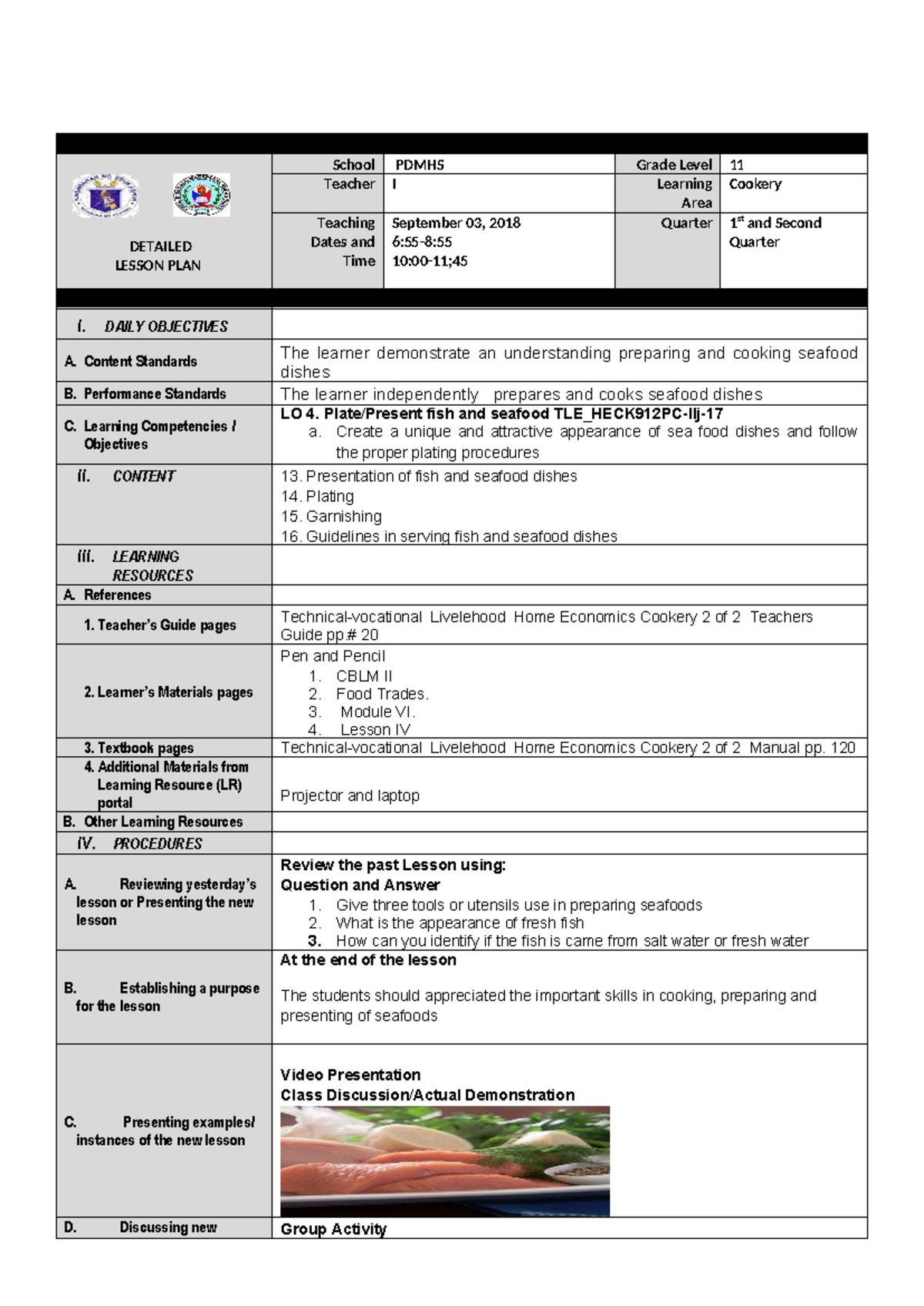 Cookery Lesson Plan for Seafood Preparation - TLE_HECK9-12SSS-IIIc-22 ...