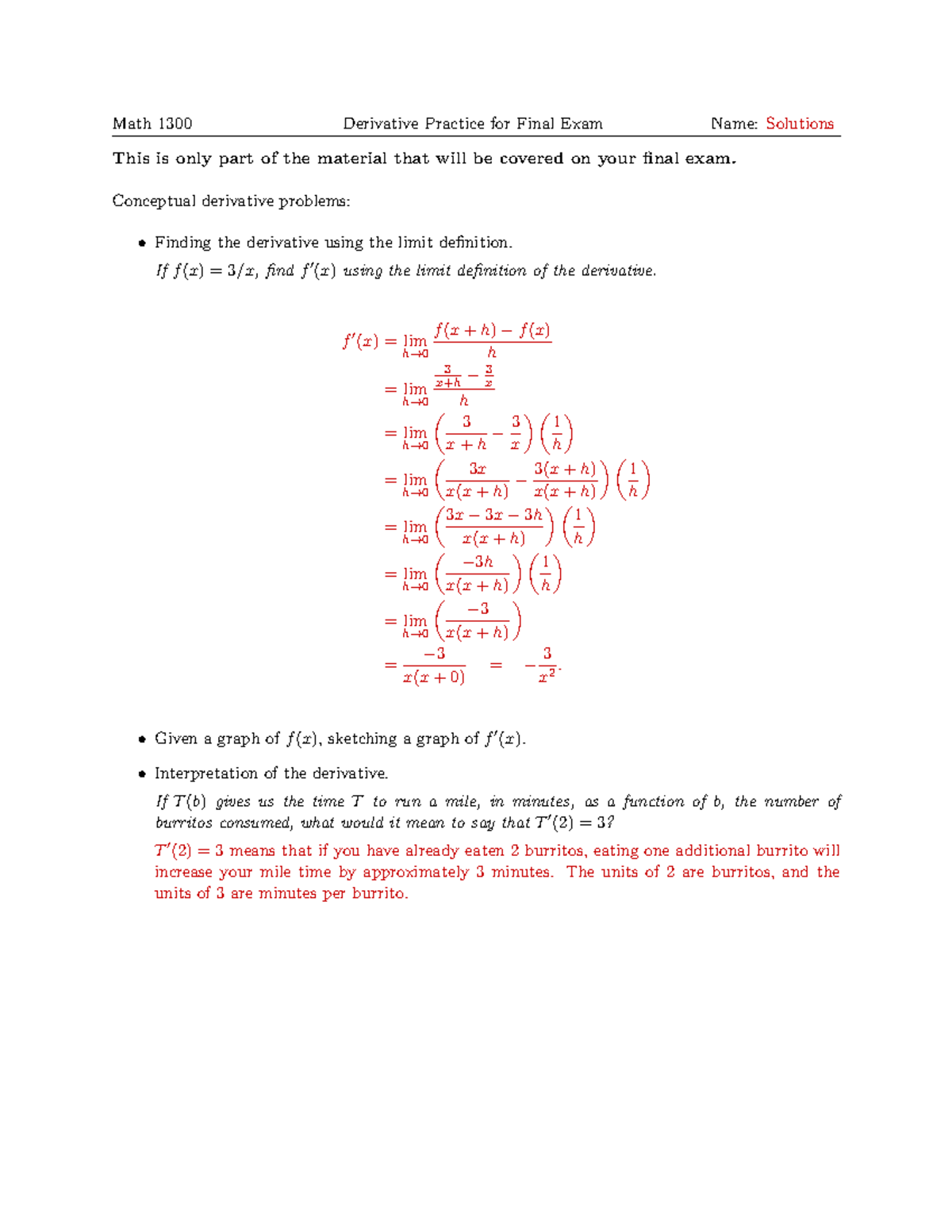 Math 1300 Derivative Practice Solutions for Final Exam Review - Studocu