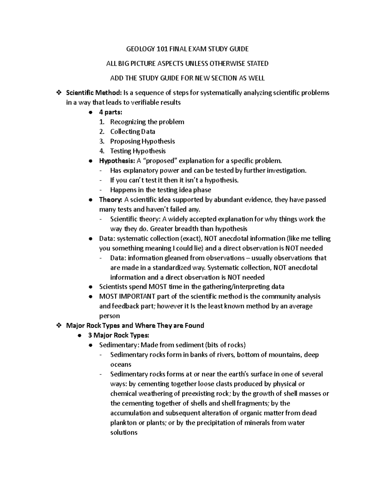 Geology 101 Final Exam Study Guide: Key Concepts & Rock Types - Studocu