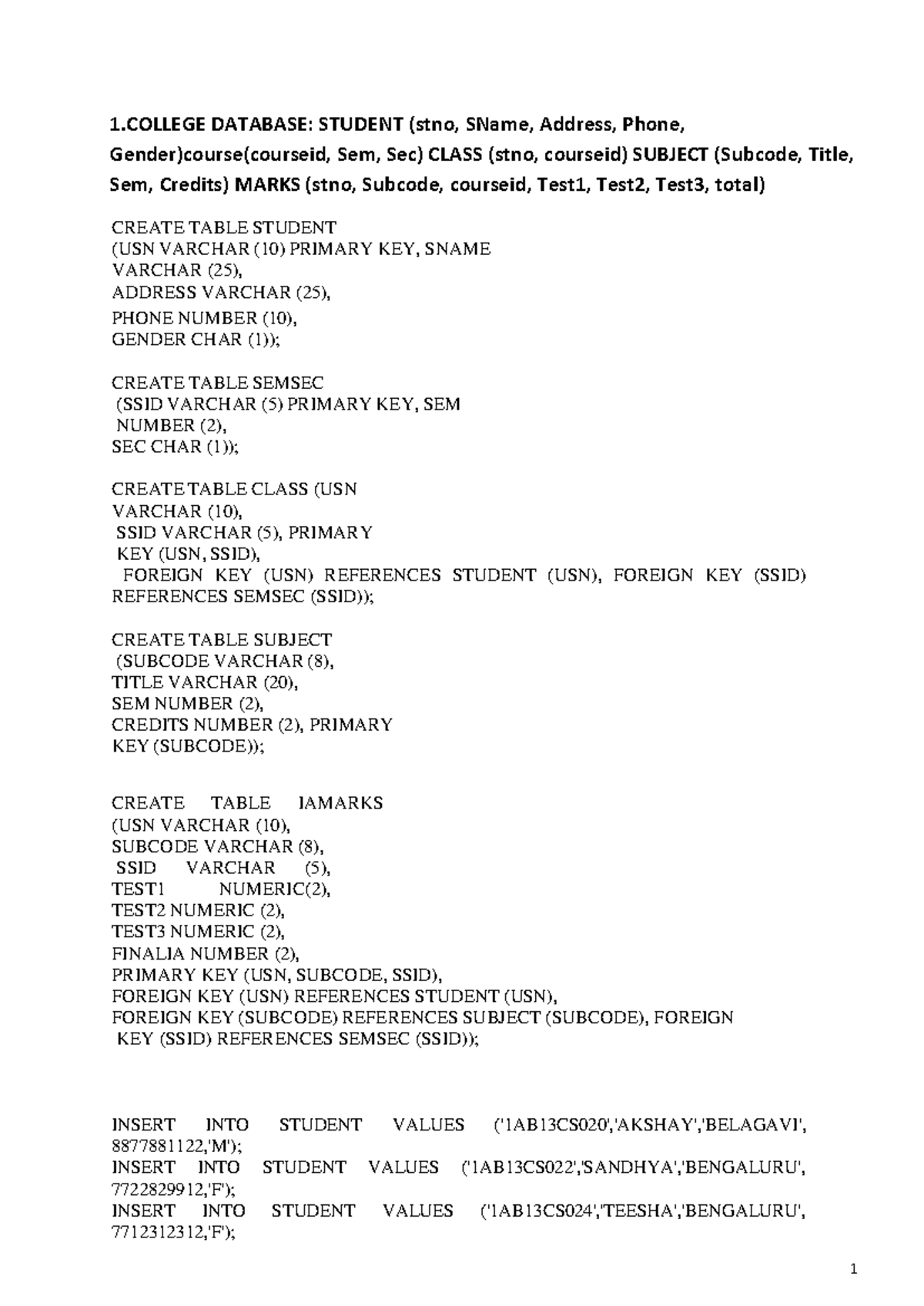 College Database Schema and SQL Queries (CS101) - Studocu