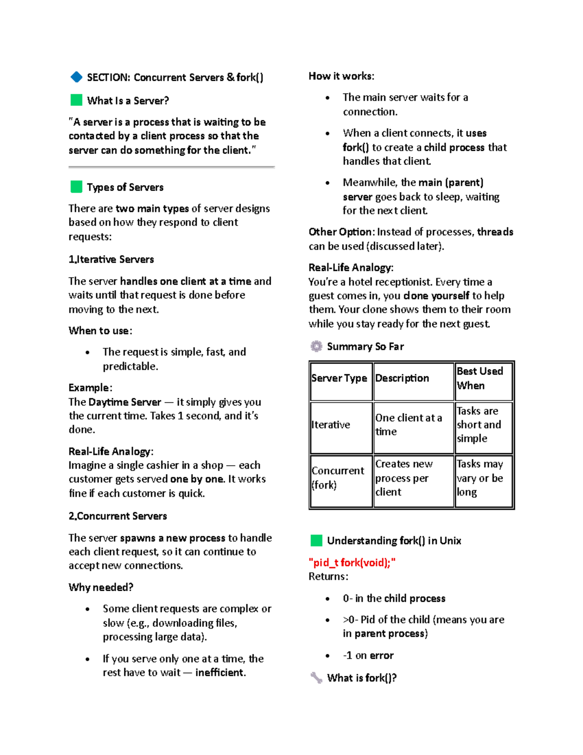 Concurrent Server Concepts and fork() in Unix - CS101 Final Exam Notes ...