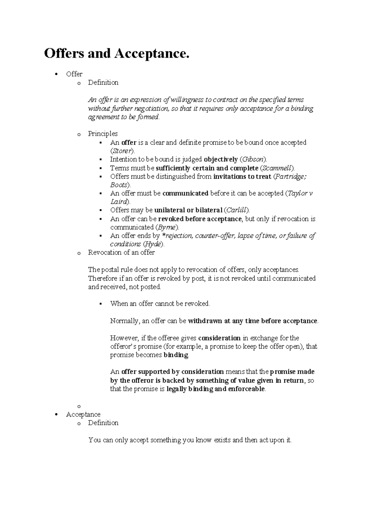 Law 101: Offers and Acceptance - Key Principles and Cases - Studocu