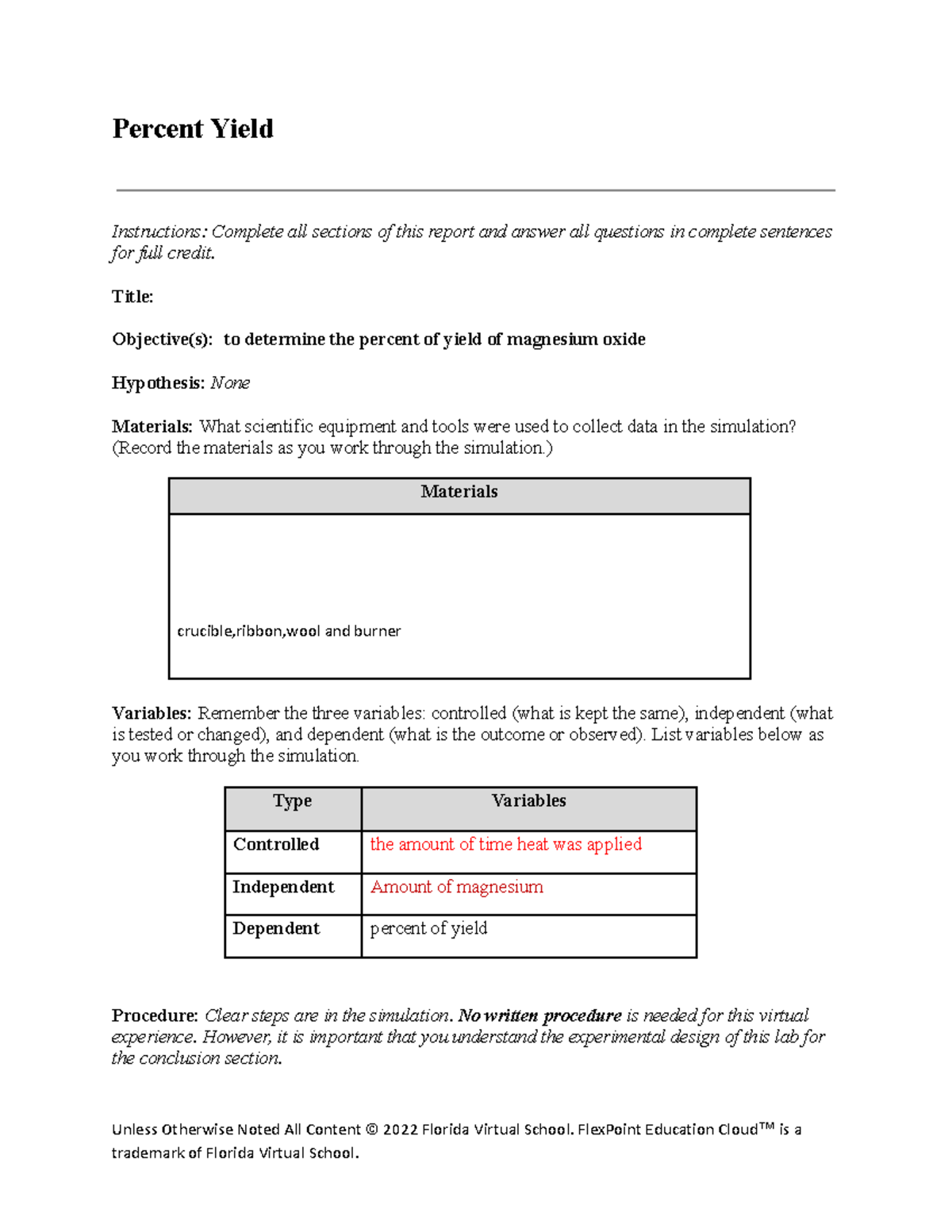 Worksheet 05 07 2 - Percent Yield Instructions: Complete all sections ...