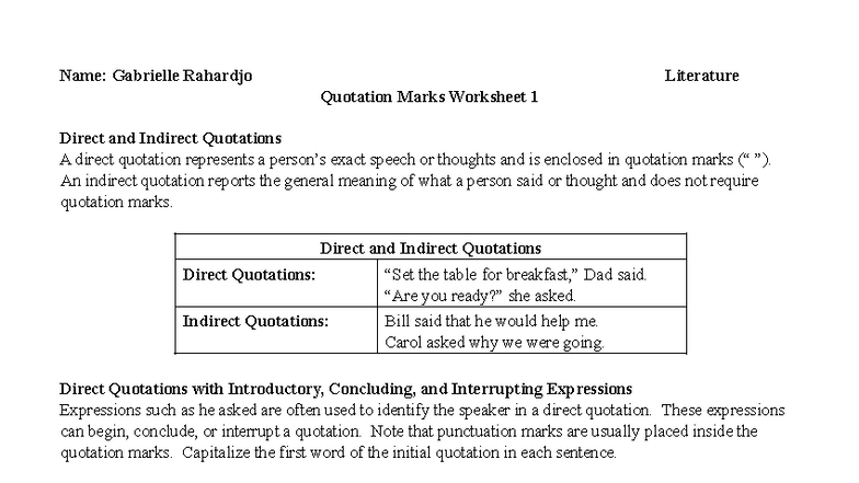 ENG 101: Quotation Marks Worksheet on Direct & Indirect Quotes - Studocu