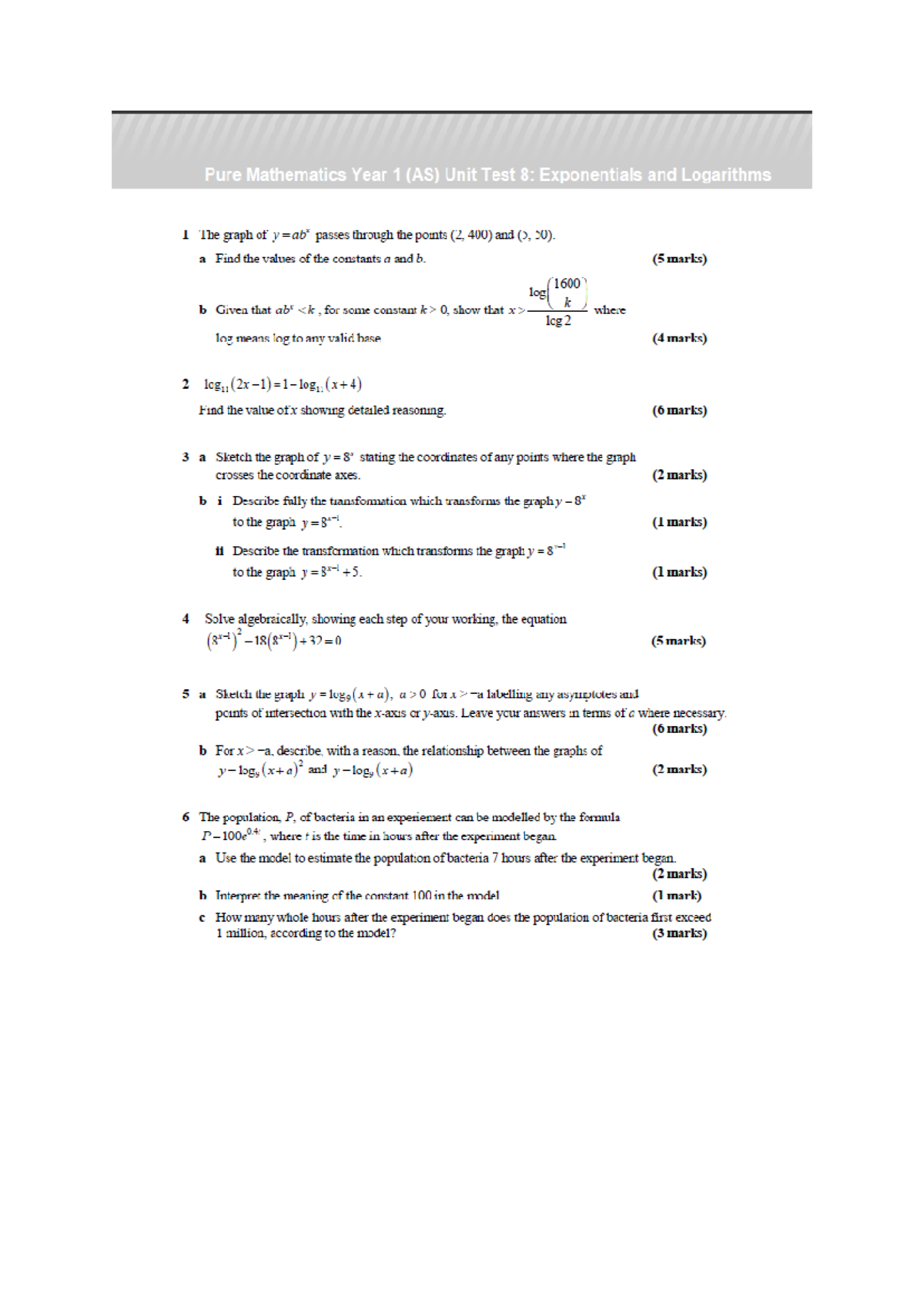 AS Maths Unit Test 8: Exponentials & Logarithms - Edexcel - Studocu