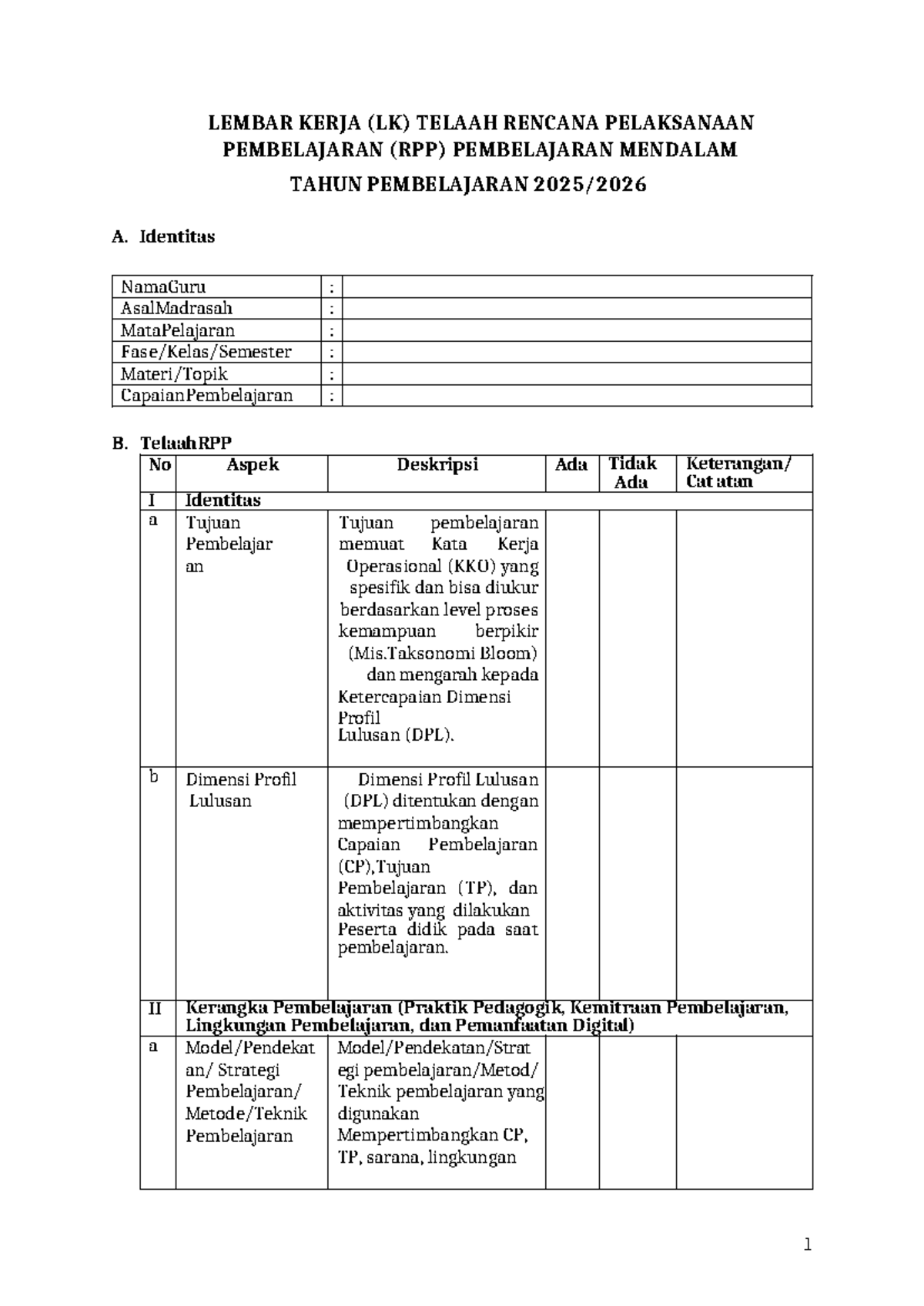 LK Telaah RPP Pembelajaran Mendalam 2025 - Adri Maison, S.PdI - Studocu