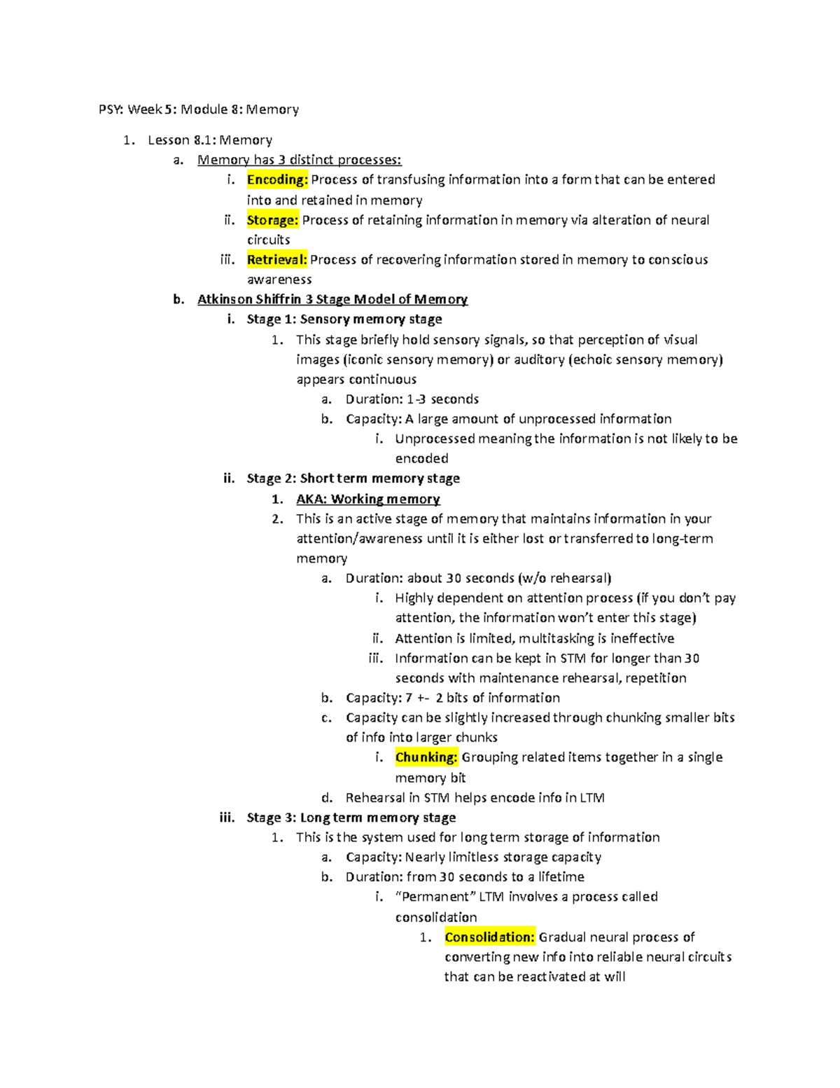 PSY 101 Final Exam Notes: Wk5 Module 8 on Memory and Retrieval - Studocu