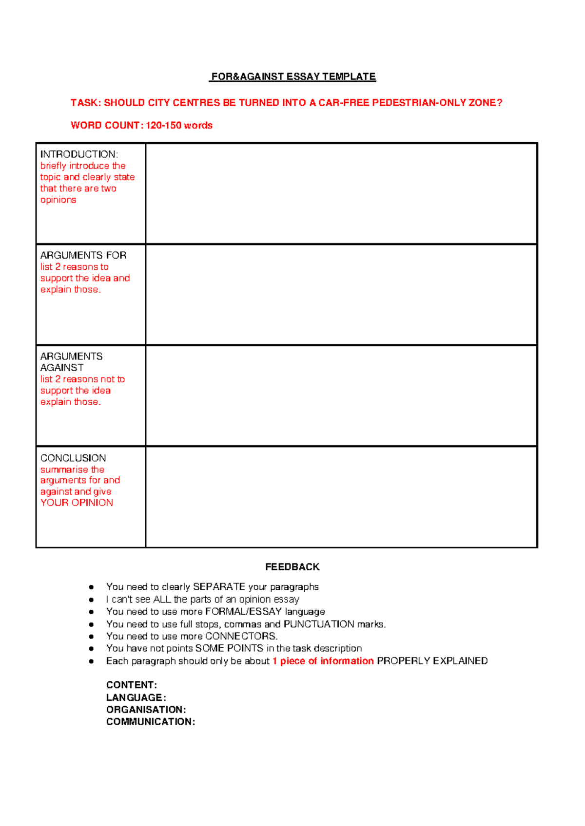FOR & AGAINST Essay Template: Car-Free City Centres Debate - Studocu
