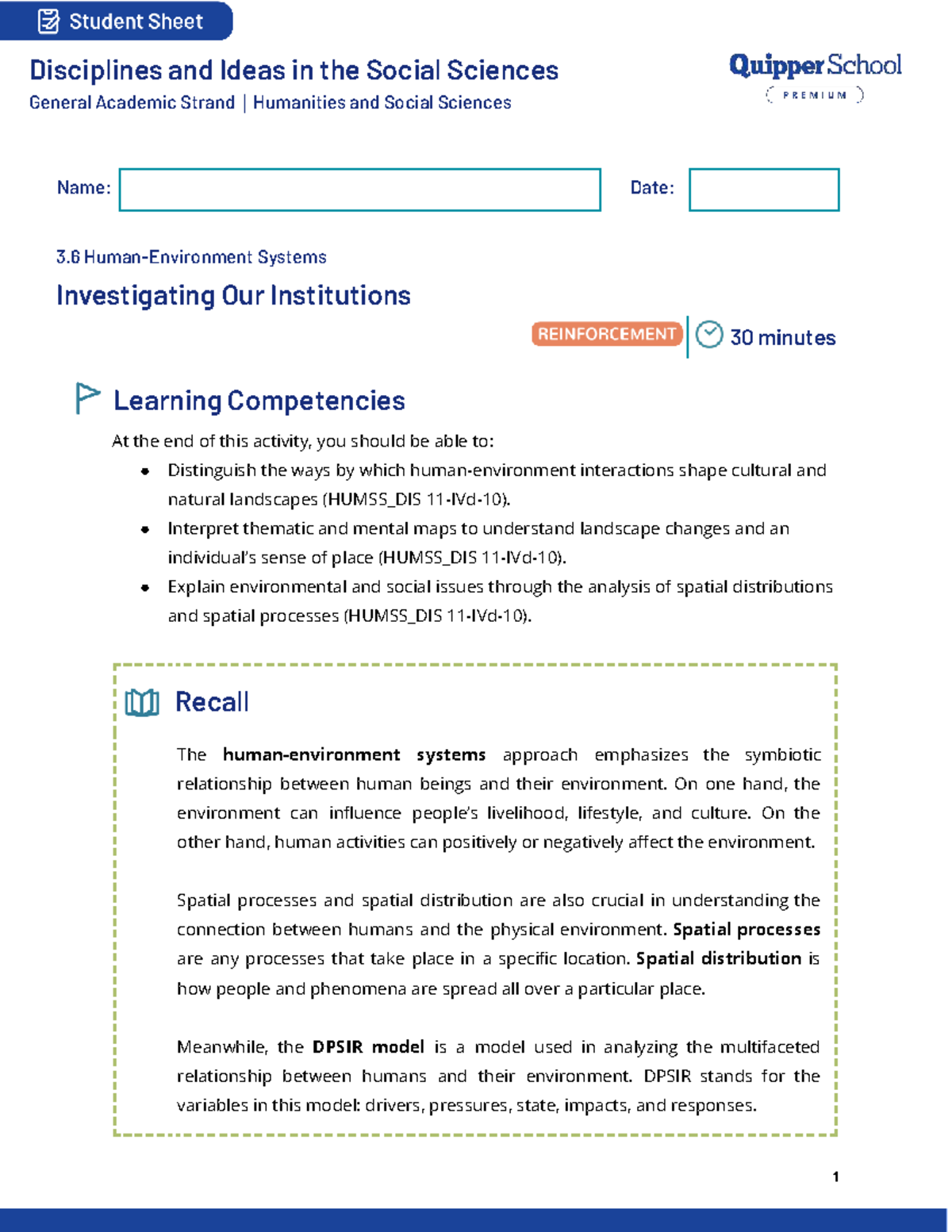 DIS Q4 11 12 0306 SS Reinforcement - Student Sheet Disciplines and ...