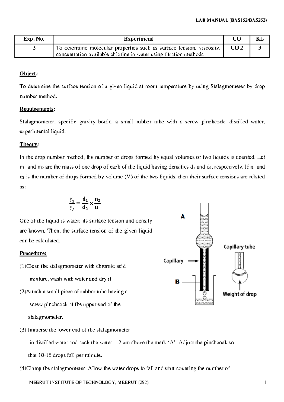 LAB MANUAL CO 292: Surface Tension Experiment Using Stalagmometer - Studocu