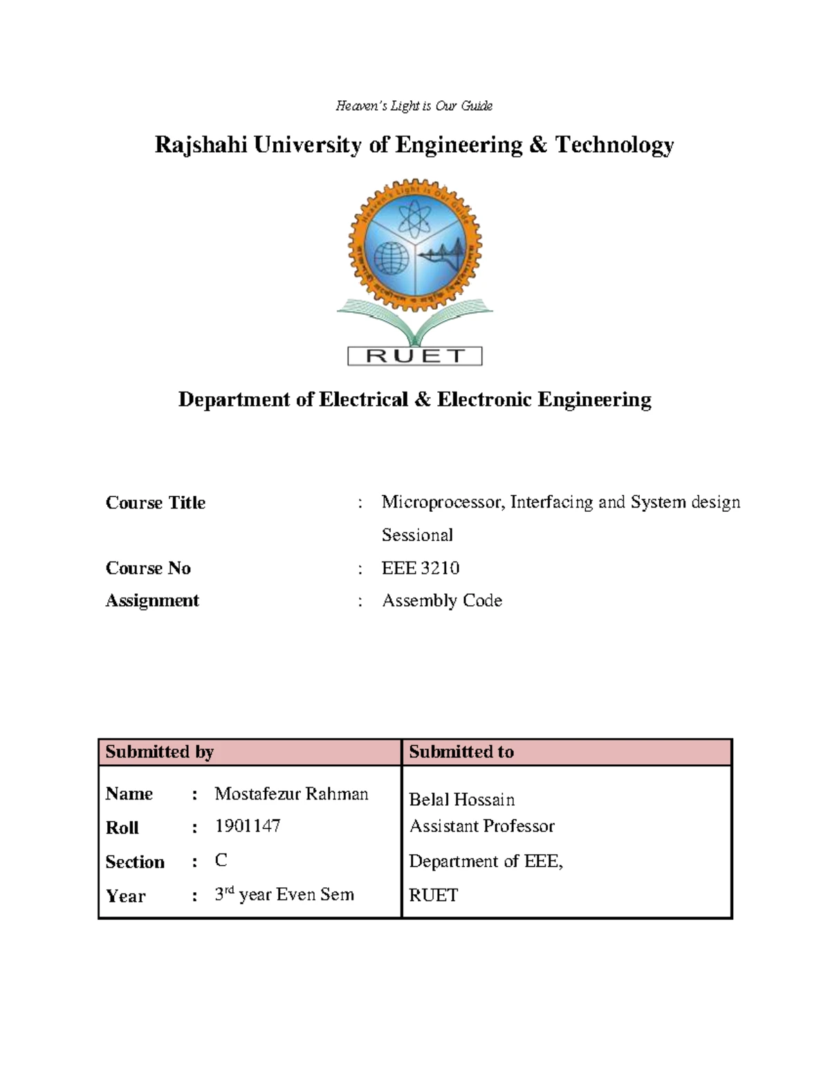 1604010 - Microprocessor Assignment - “Heaven's Light is Our Guide ...