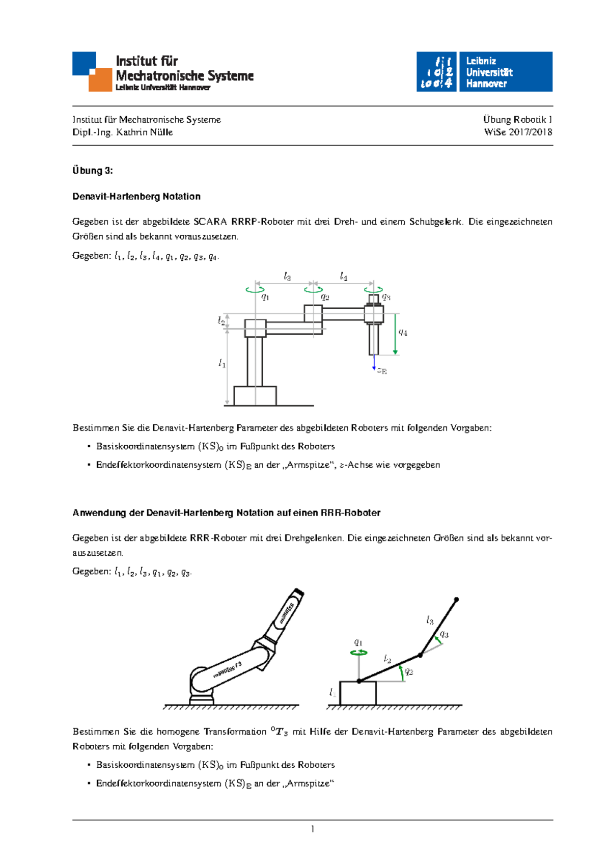 Denavit-Hartenberg Parameters for SCARA and RRR Robots - Übung 3 - Studocu