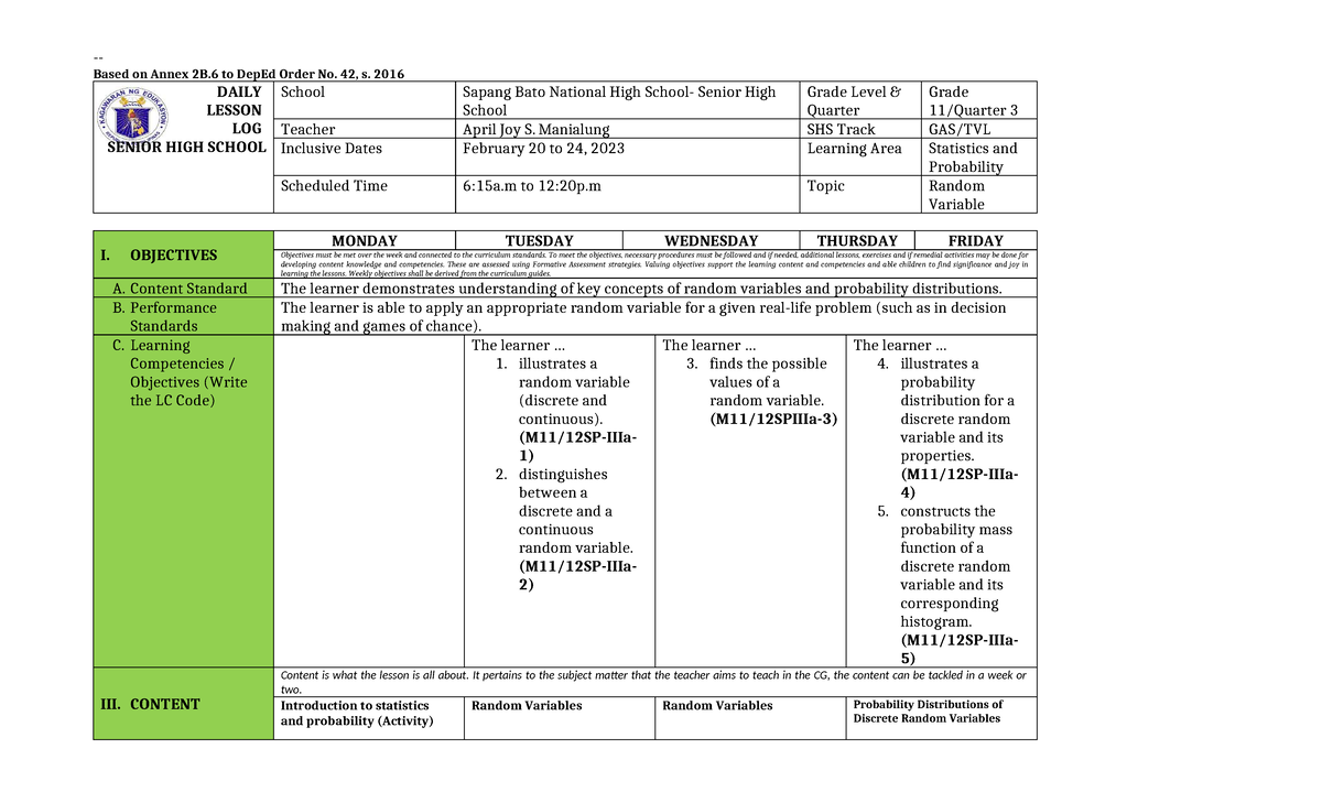 SHS Statistics & Probability Lesson Log (Feb 20-24, 2023) - Studocu