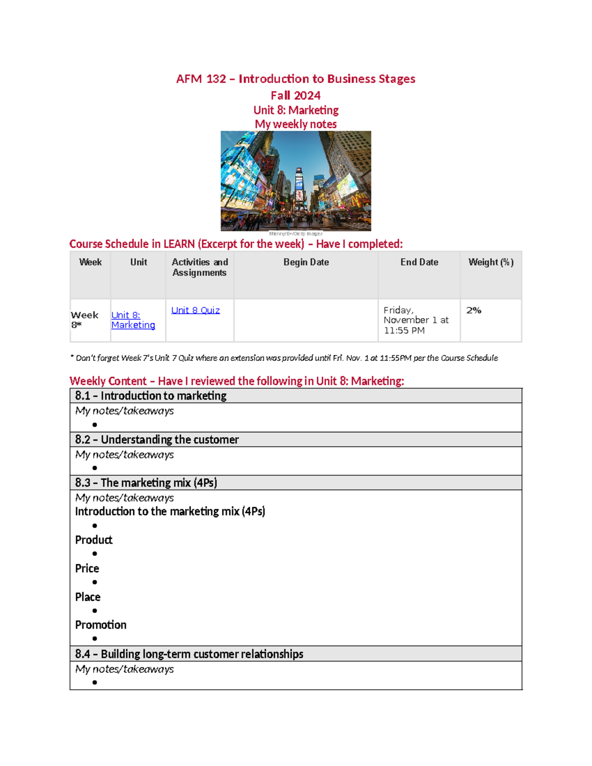AFM 132 - Unit 8 - My Weekly Notes - AFM 132 – Introduction to Business ...